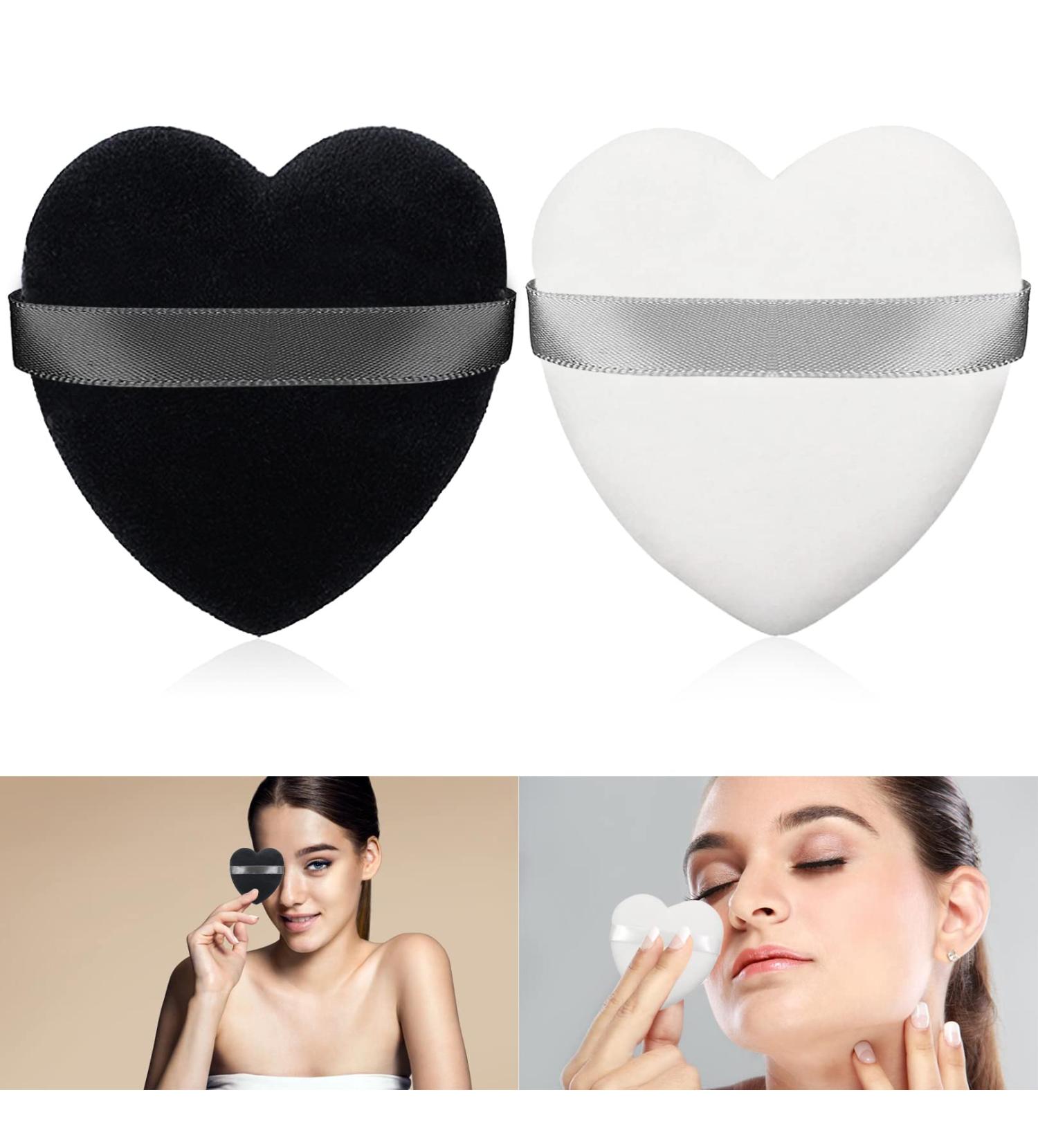 2Pcs Heart-Shaped Velvet Makeup Puffs with Strap - Soft & Reusable Powder Puff Sponge Set for Body and Face - Black + White - Buy Online on GoSupps.com