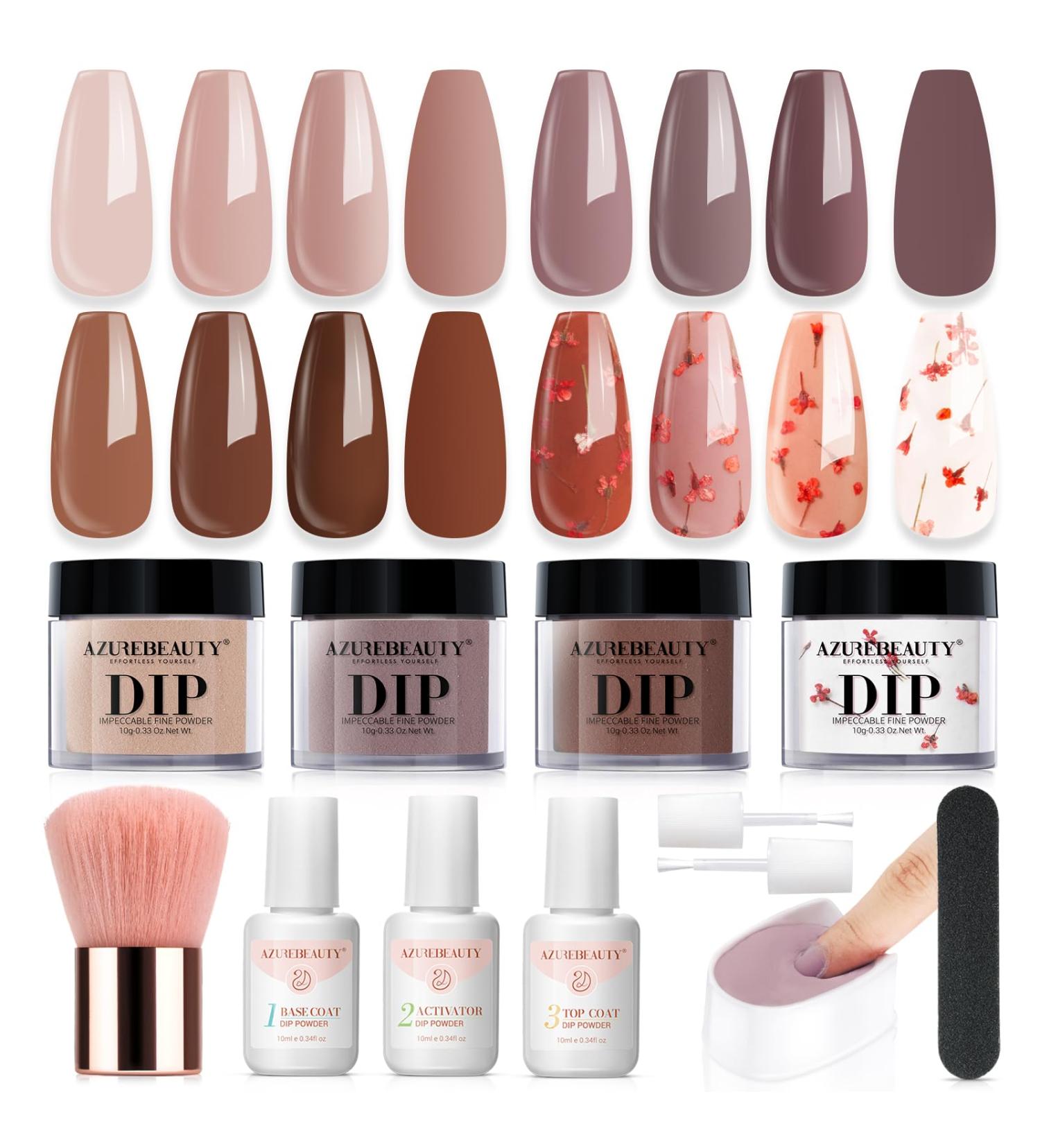 AZUREBEAUTY Floral Dip Powder Nail Kit - Starter Set for Fall & Winter | Nude Brown Grey Dipping Powder with Base Top Coat Activator & Dried Flowers for DIY Nail Art - Buy Online on GoSupps.com