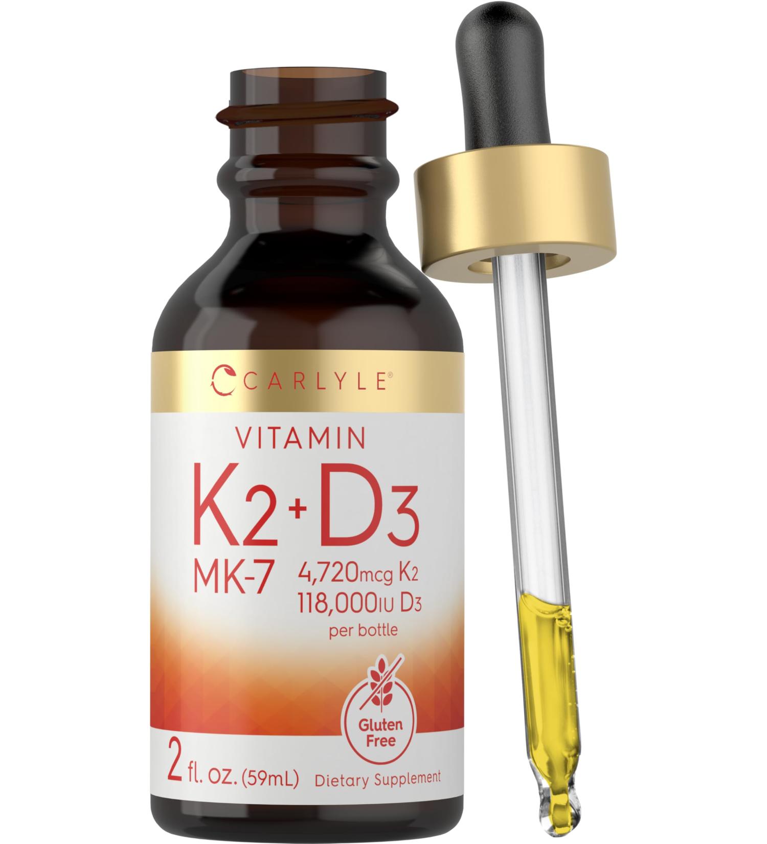 Carlyle Vitamin D3 K2 Liquid Drops | 2 Fl Oz | MK-7 Supplement | Vegetarian Non-GMO Gluten and Soy Free Formula - Buy Online on GoSupps.com