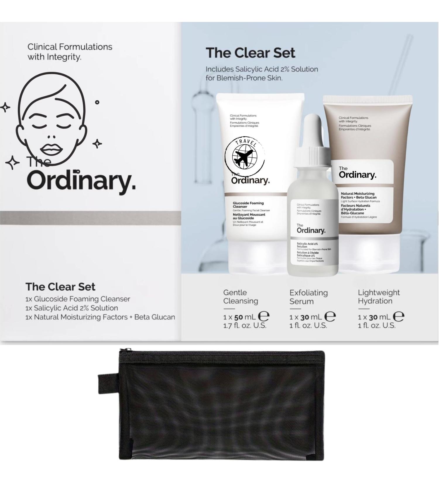 Ordinary Skincare Set for Blemish-Prone Skin - Includes Glucoside Foaming Face Cleanser Salicylic Acid 2% Solution Natural Moisturising Factors + Beta Glucan and Wishesla Black Mesh Cosmetic Bag - Buy Online on GoSupps.com