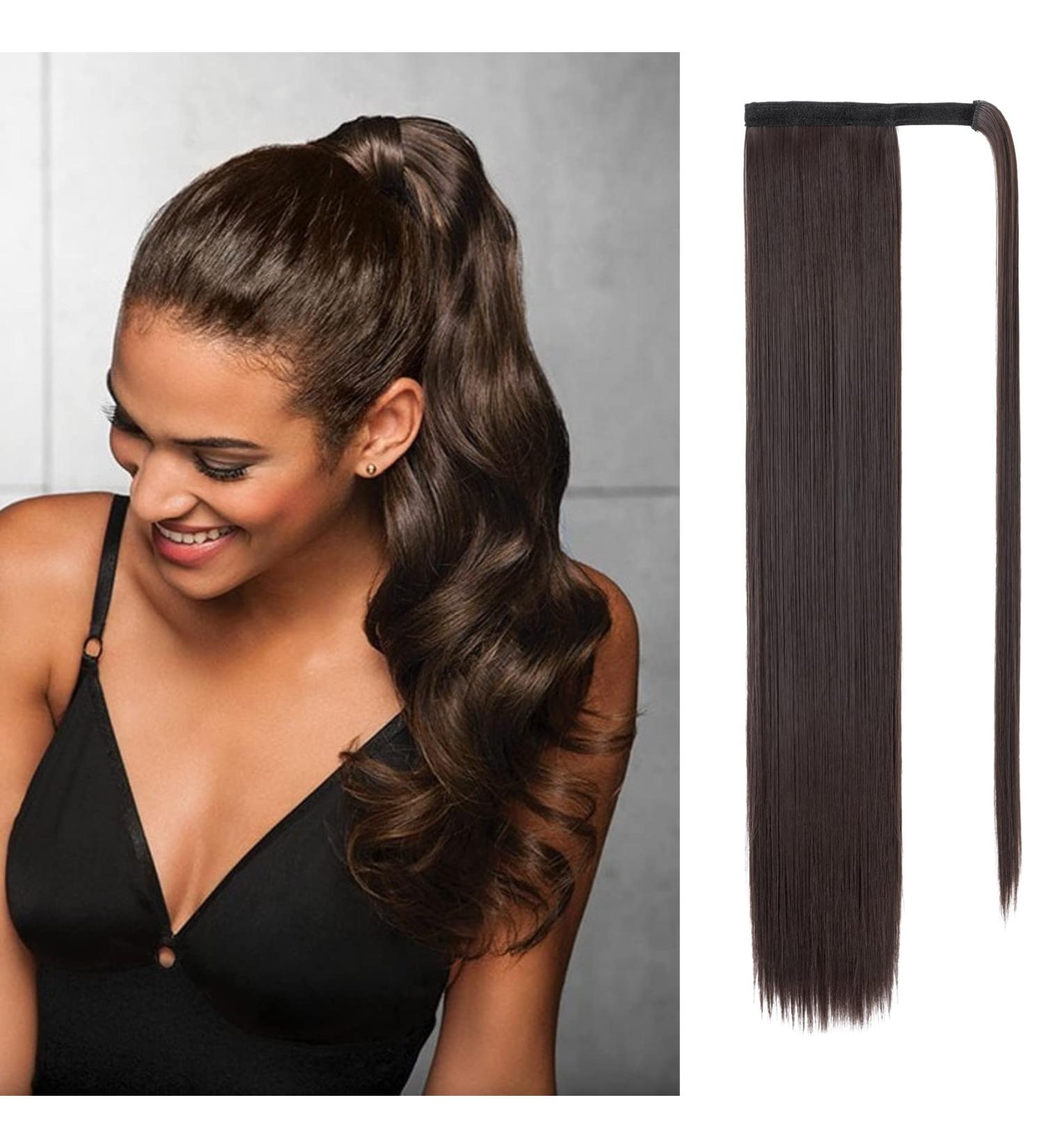 Sleek 28 Inch Dark Brown Clip in Ponytail Hair Extension for Women - Heat-Resistant Fiber Wrap Around Hairpiece - Buy Online on GoSupps.com