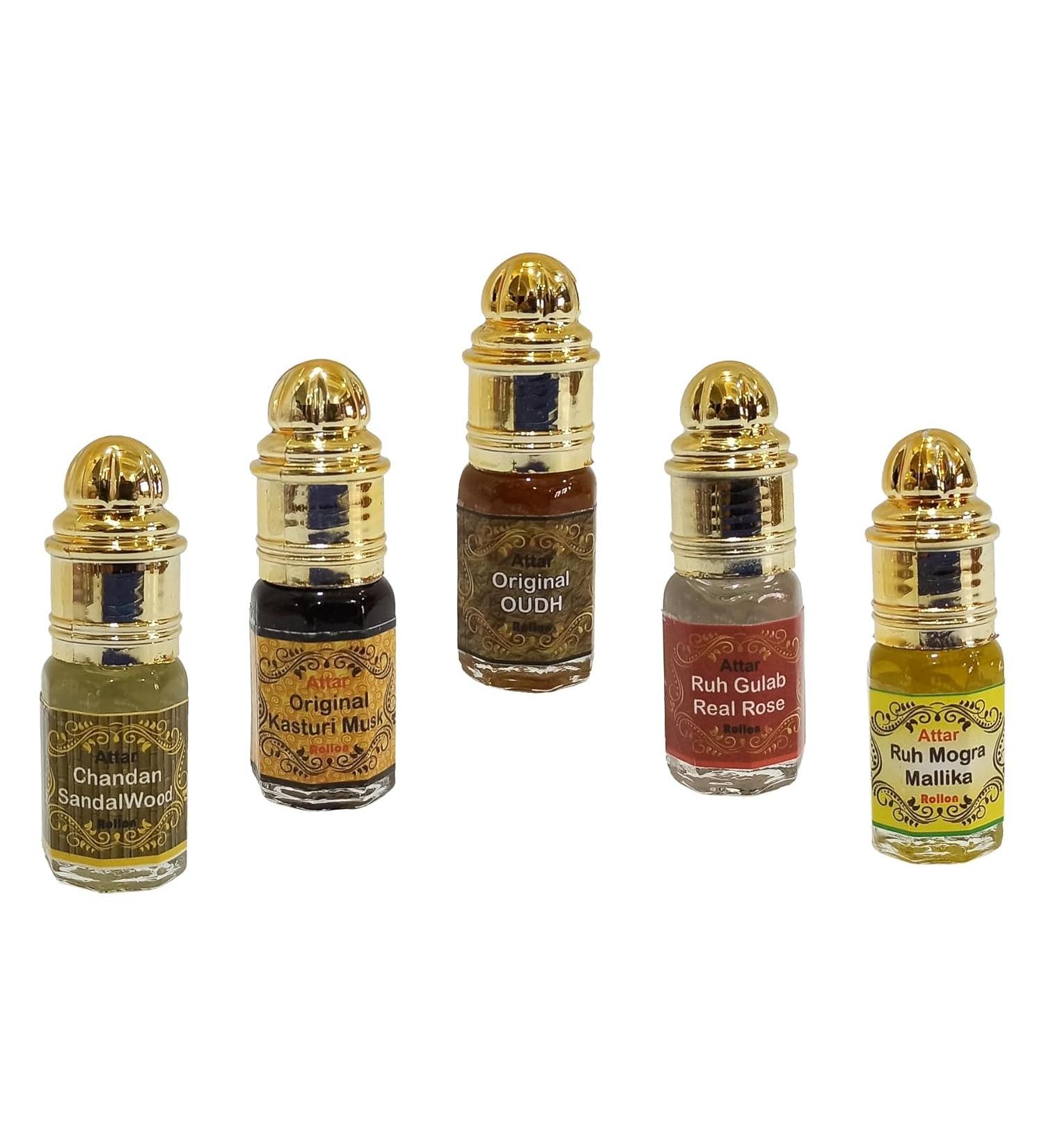 Indra Sugandh Bhandar Natural Attar Perfume Set 5 Fragrances 3ml Each Sandalwood Kasturi Oudh Rose Mogra - Buy Online on GoSupps.com