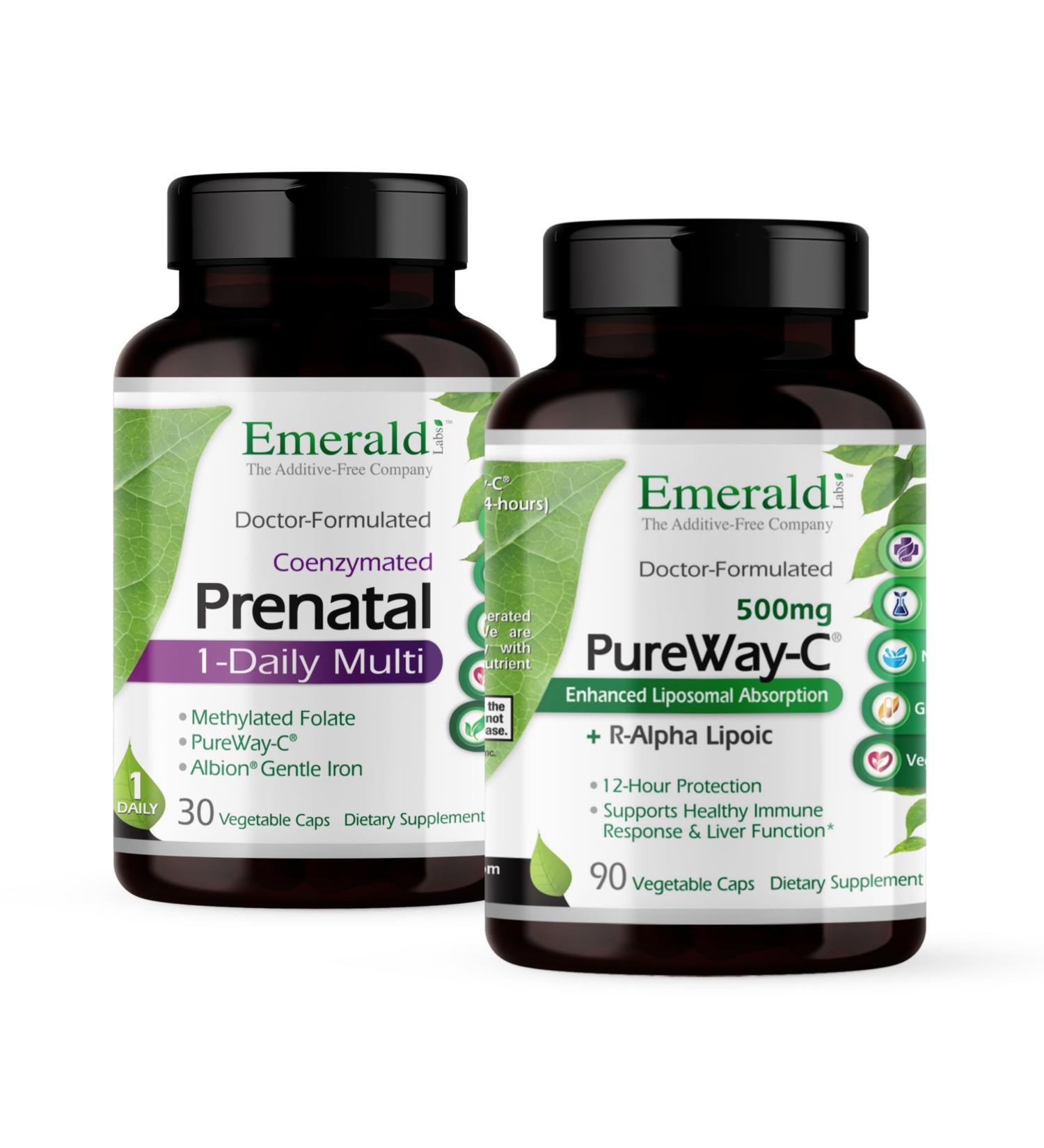 Emerald Labs Bundle with Prenatal 1-Daily Multi (60 Veg Caps) & PureWay-C (90 Veg Caps) - Prenatal Multivitamin with Methylated Folate Iron & More* - Vitamin C Supplement with R-Alpha Lipoic Acid* - Buy Online on GoSupps.com