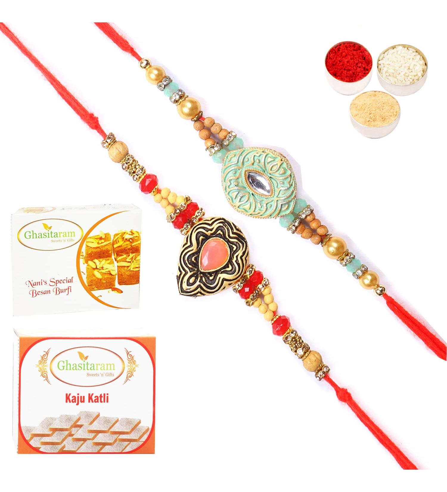 Ghasitaram Gifts Rakhi for Brother Rakhis Online - Set of 2 8469 8487 Premium Rakhis with 200 GMS of Besan Barfi and 200 GMS of Kaju Katli - Buy Online on GoSupps.com