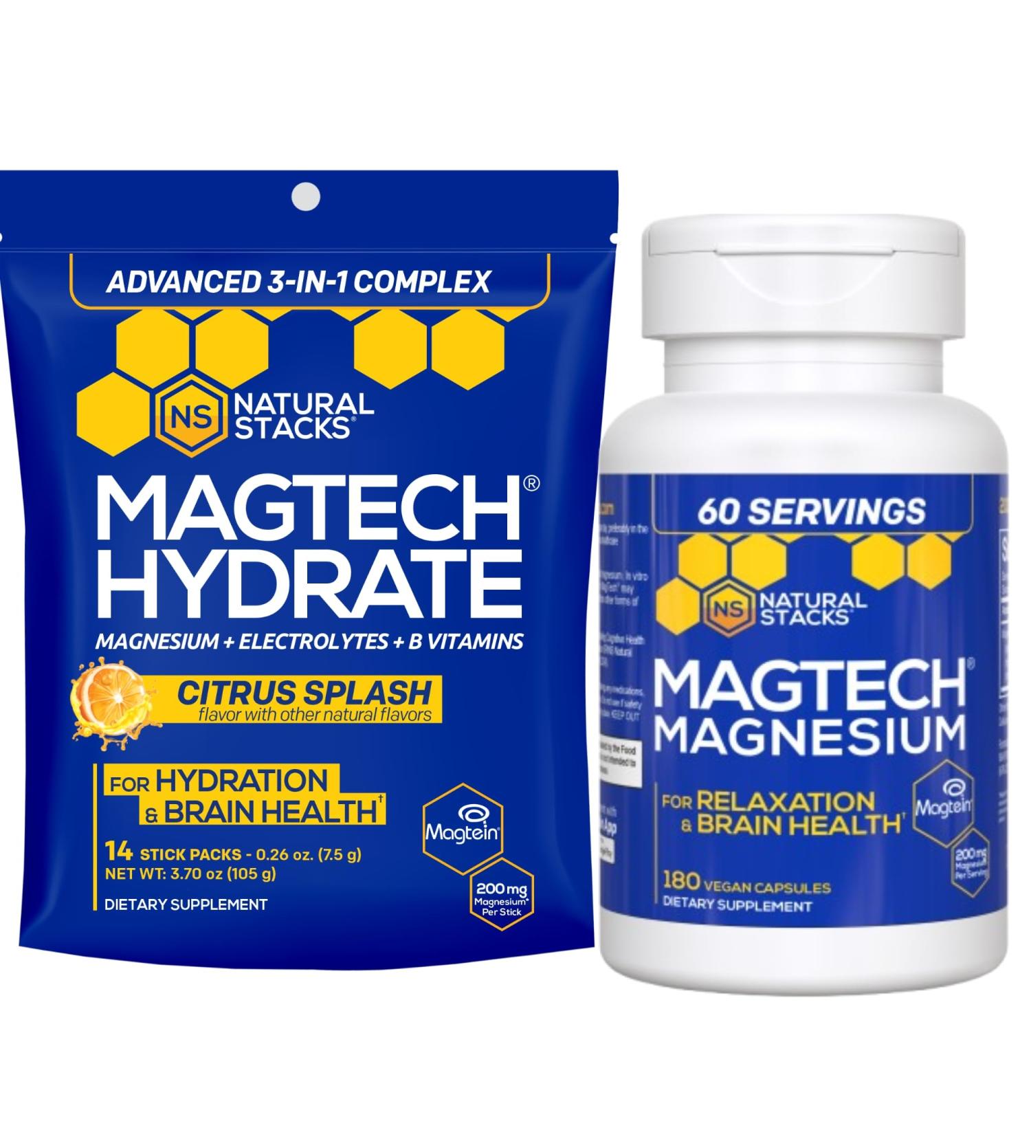 Magtech Magnesium Capsules + Hydration Powder Bundle - 3 Forms of Magnesium - Featuring Magtein L-Threonate - Brain Health & Hydration Support* - 74 Total Servings - Buy Online on GoSupps.com