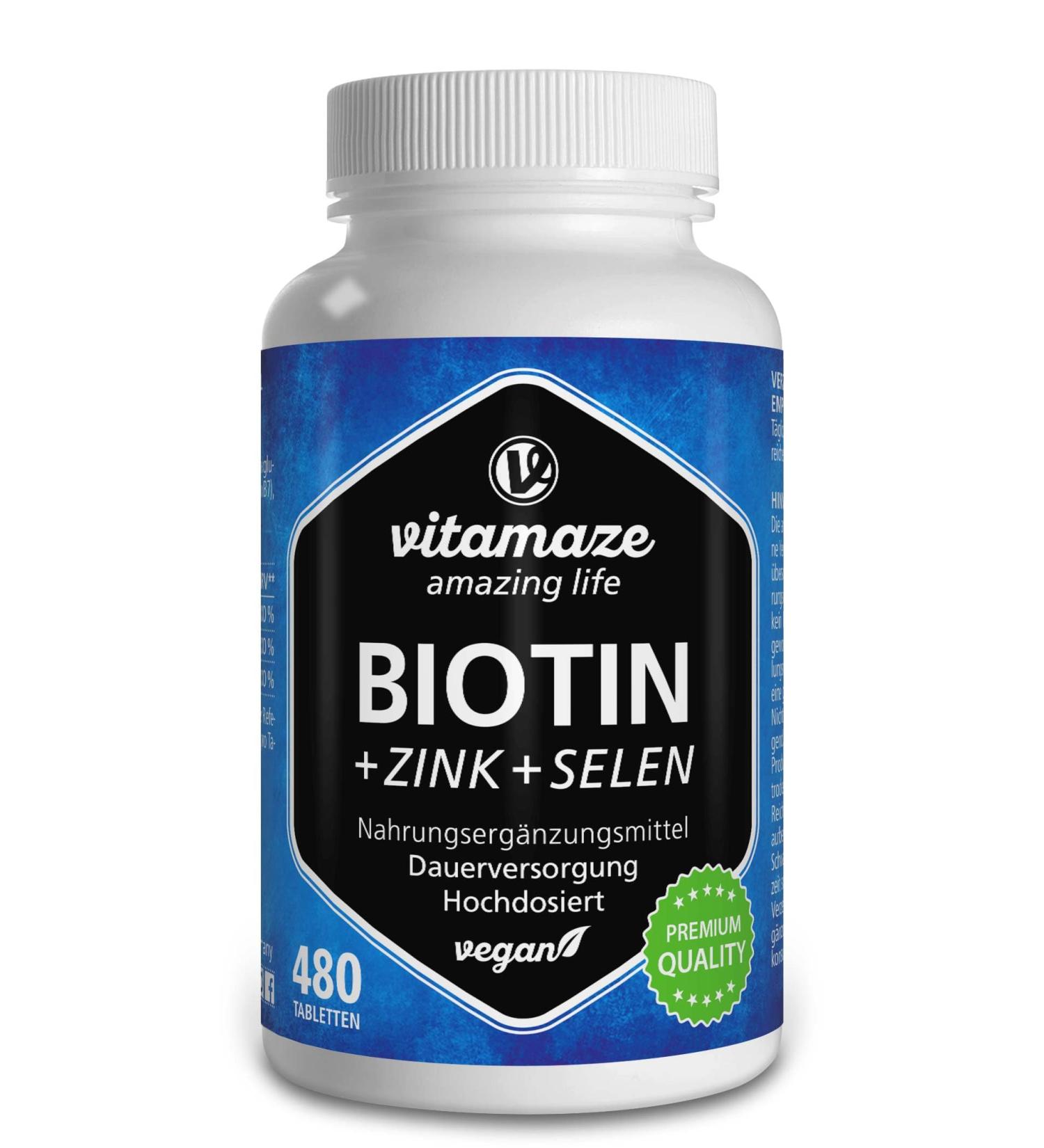 Biotin Hair Growth 10,000 mcg Complex with Selenium & Zinc | 480 Vegan Tablets | Vitamaze German Quality - Buy Online on GoSupps.com