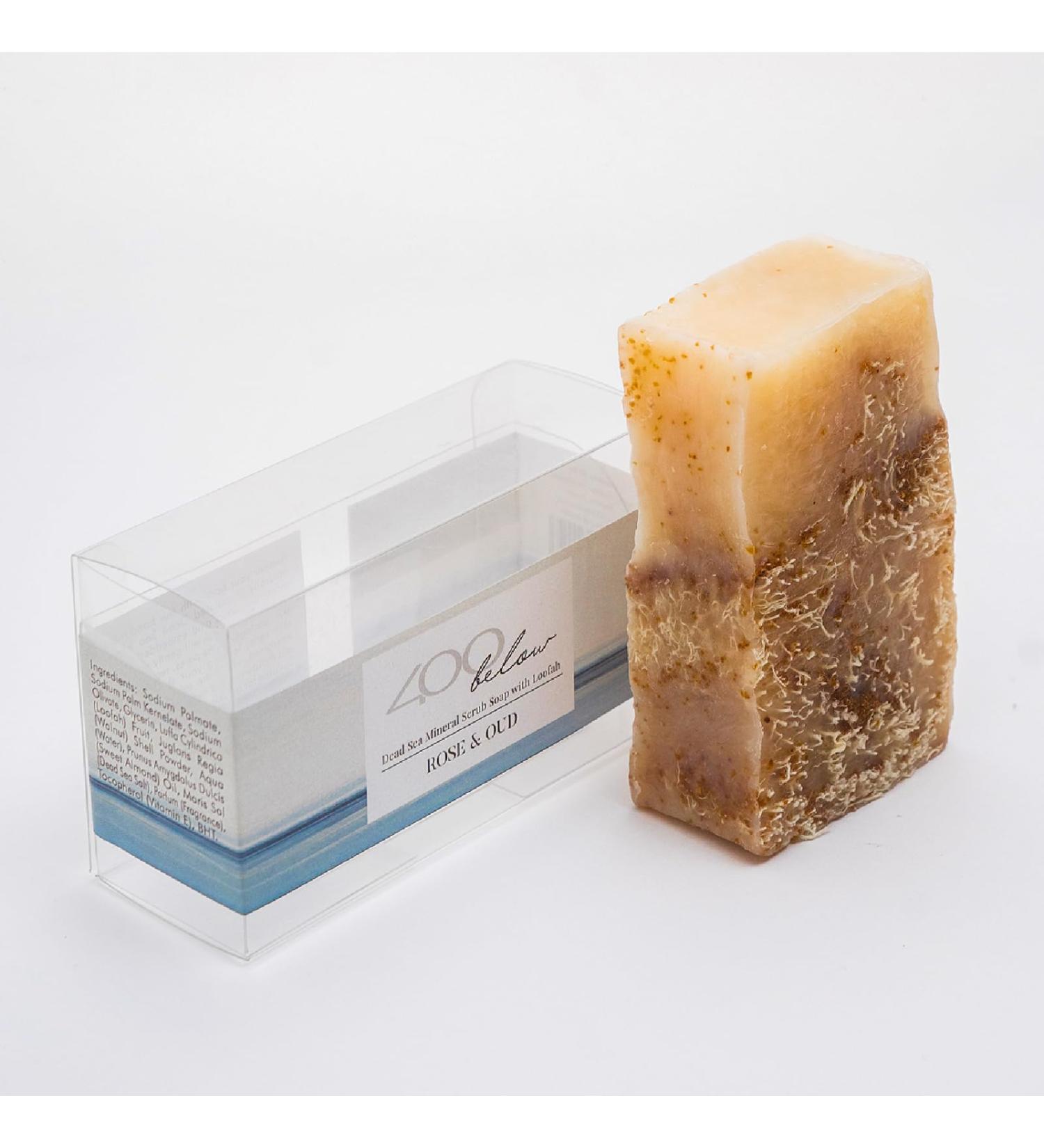 400Below - Dead Sea Mineral Exfoliating Soap Bar with Rose and Oud Perfume Natural Regenerating Soap Bar Body Soap Bar with Vegan Loofah Sponge 200g - Buy Online on GoSupps.com