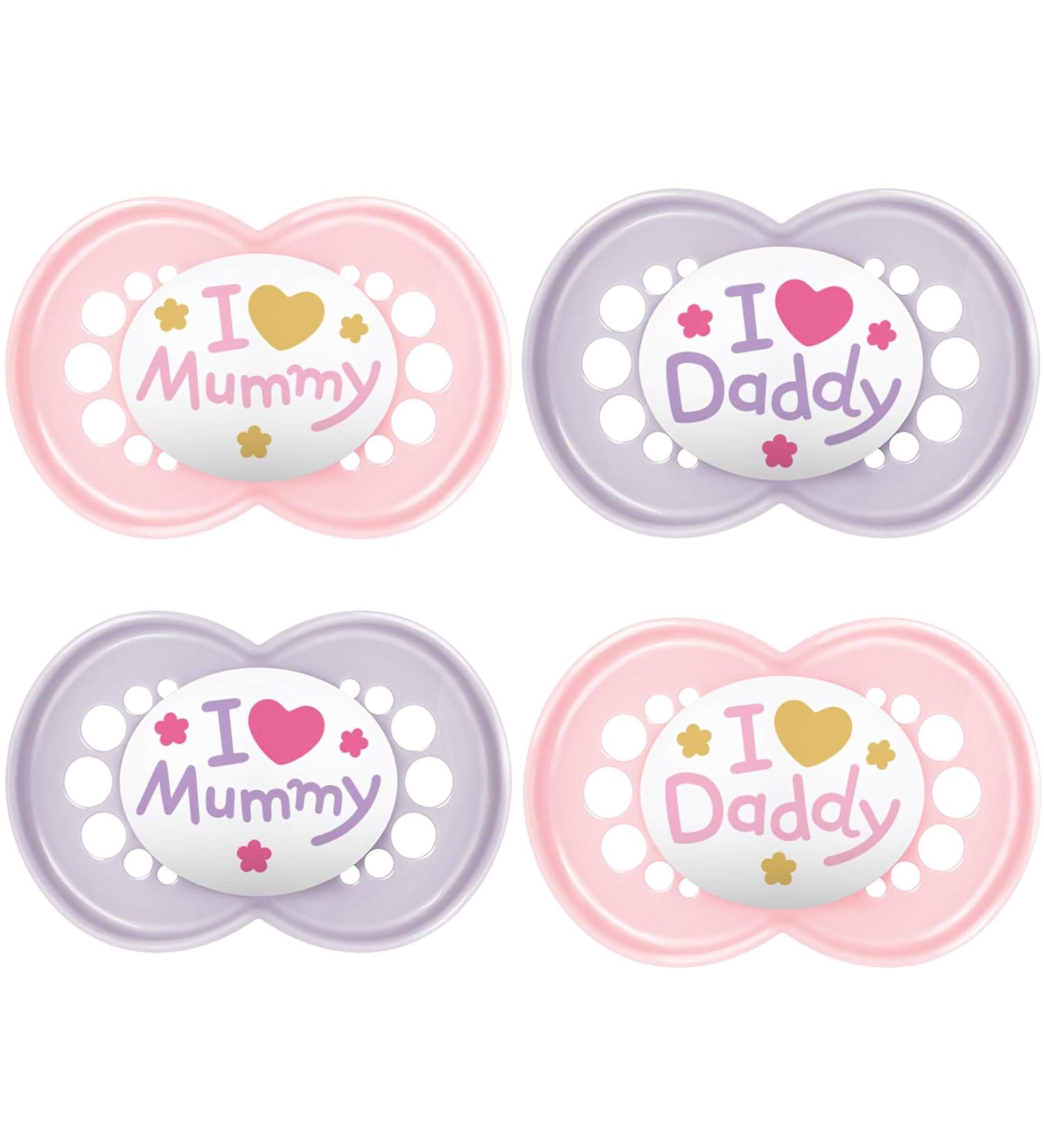 MAM Pacifier Original Silicone 6-16 Months - I Love Mummy & Daddy 4 Pack for Girls | Shop Internationally - Buy Online on GoSupps.com