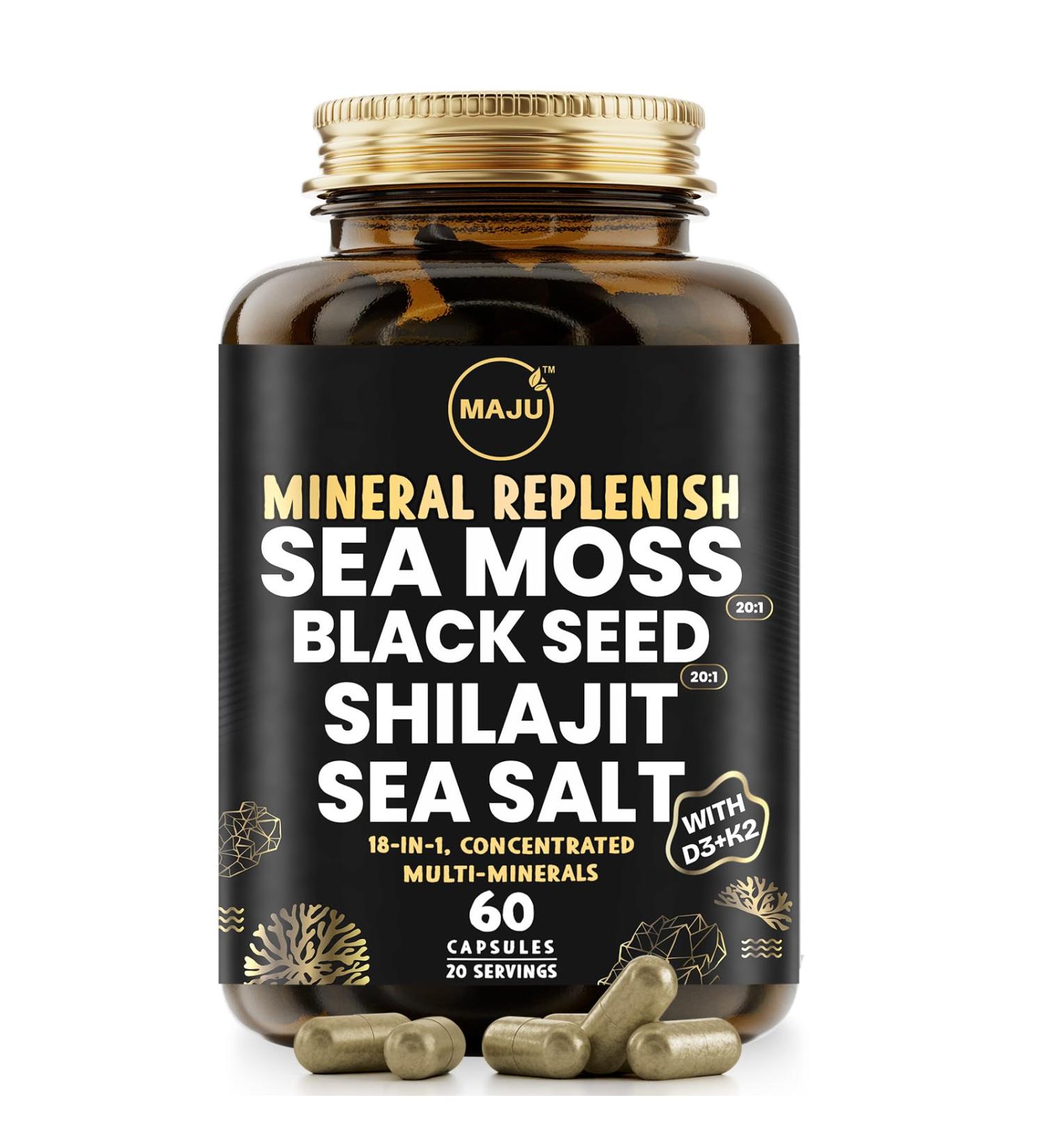 Maju Superfoods 18-in-1 Sea Moss Black Seed Shilajit Sea Salt + D3 & K2 Concentrated Extracts Trace Multi Mineral Capsules for Men & Women Mineral Electrolytes Supplements Mineral Replenish Capsules 60 Count (Pack of 1) - Buy Online on GoSupps.com