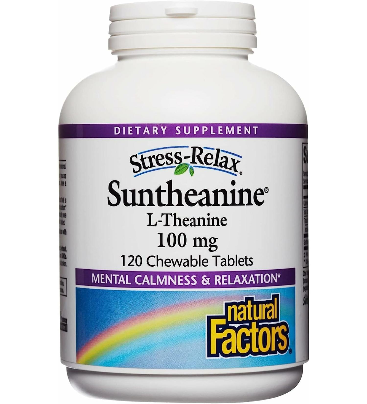 Natural Factors Suntheanine L-Theanine 100 mg - Health Supplement for Calm Outlook - L-Theanine Supplement Supports Relaxing Sleep & Aids Against Drowsiness - 120 Chewable Tablets (60 Servings) Fruit Flavor 120 Count (Pack  - Buy Online on GoSupps.com