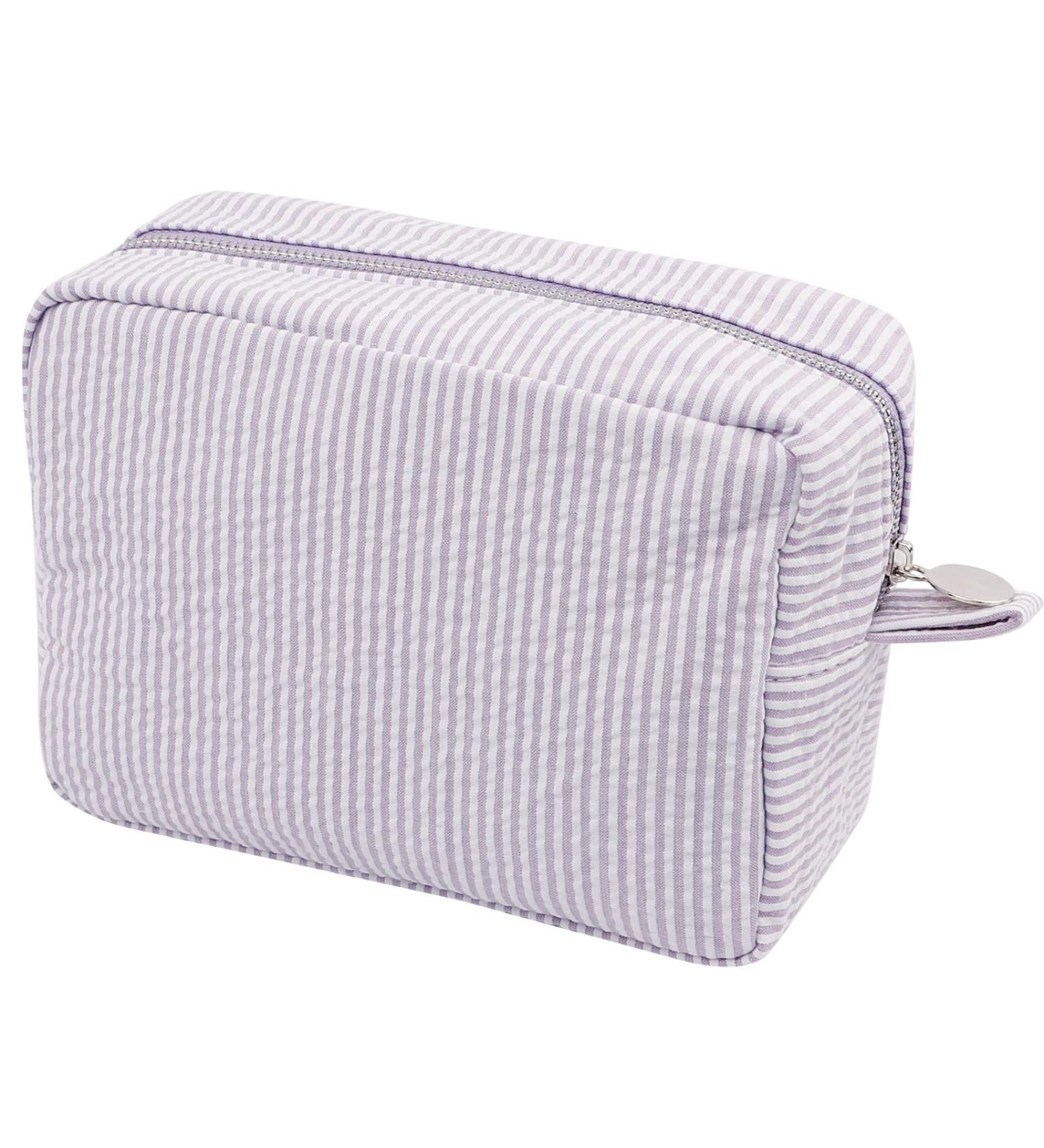 Seersucker Cosmetic Bag - Large Makeup Pouch Travel Toiletry Case | Purple Organizer for Women & Girls - Buy Online on GoSupps.com