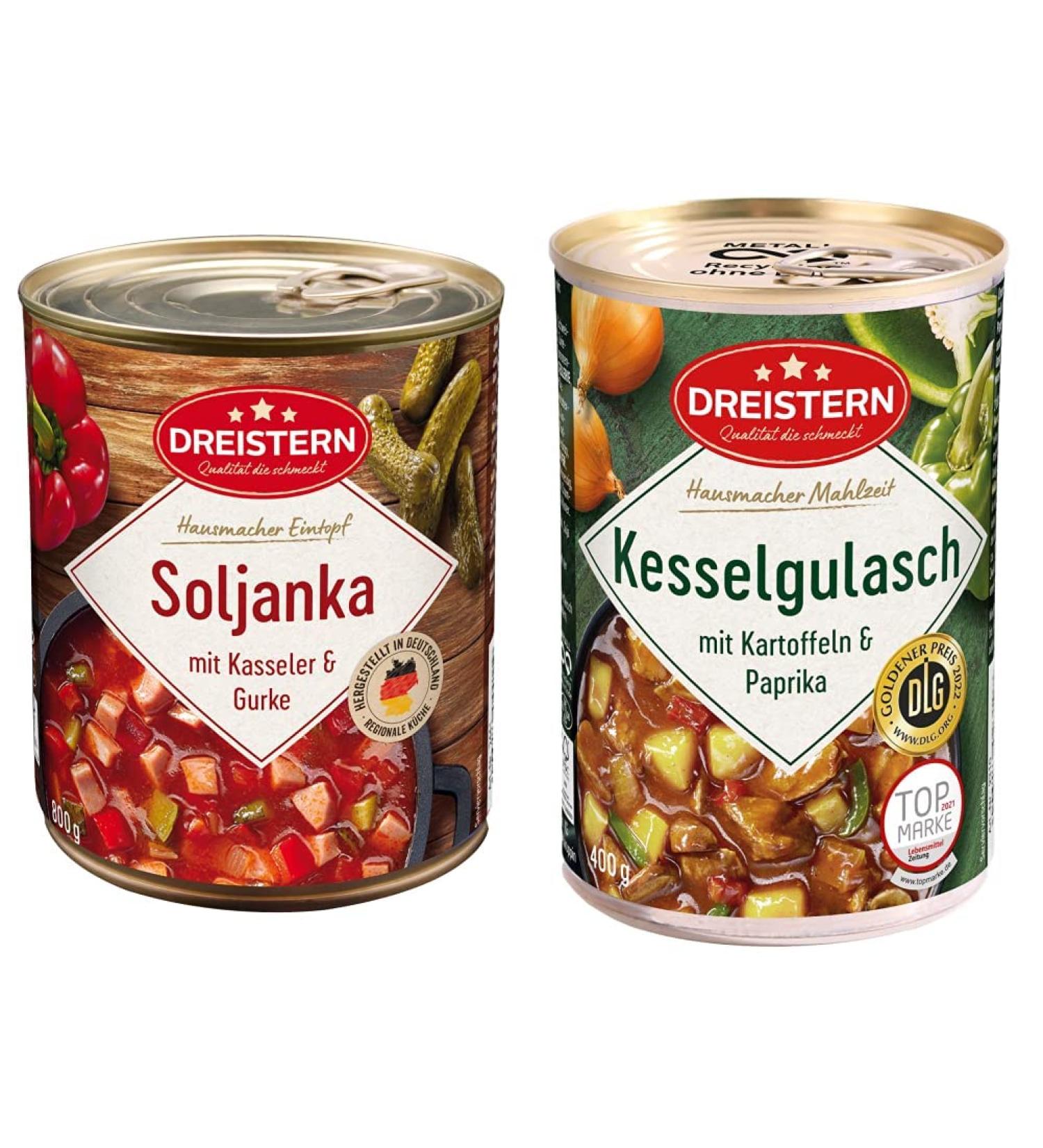 Buy Three Star Soljanka & Kettle Goulash Bundle - 800g & 400g | Delicious Recyclable Canned Meals with Meat & Vegetables | International Shipping - Buy Online on GoSupps.com