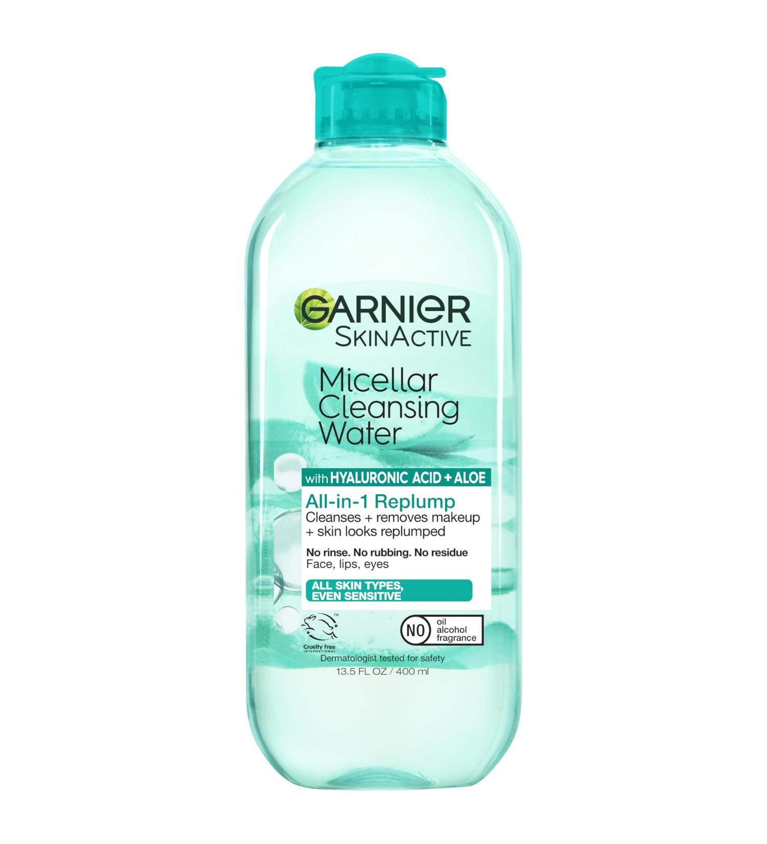 Garnier SkinActive Eau nettoyante micellaire d maquillant hydratant et repulpant tout en 1 + nettoyant pour le visage l'acide hyaluronique + alo s pour peaux normales sensibles 400 ml - Buy Online on GoSupps.com