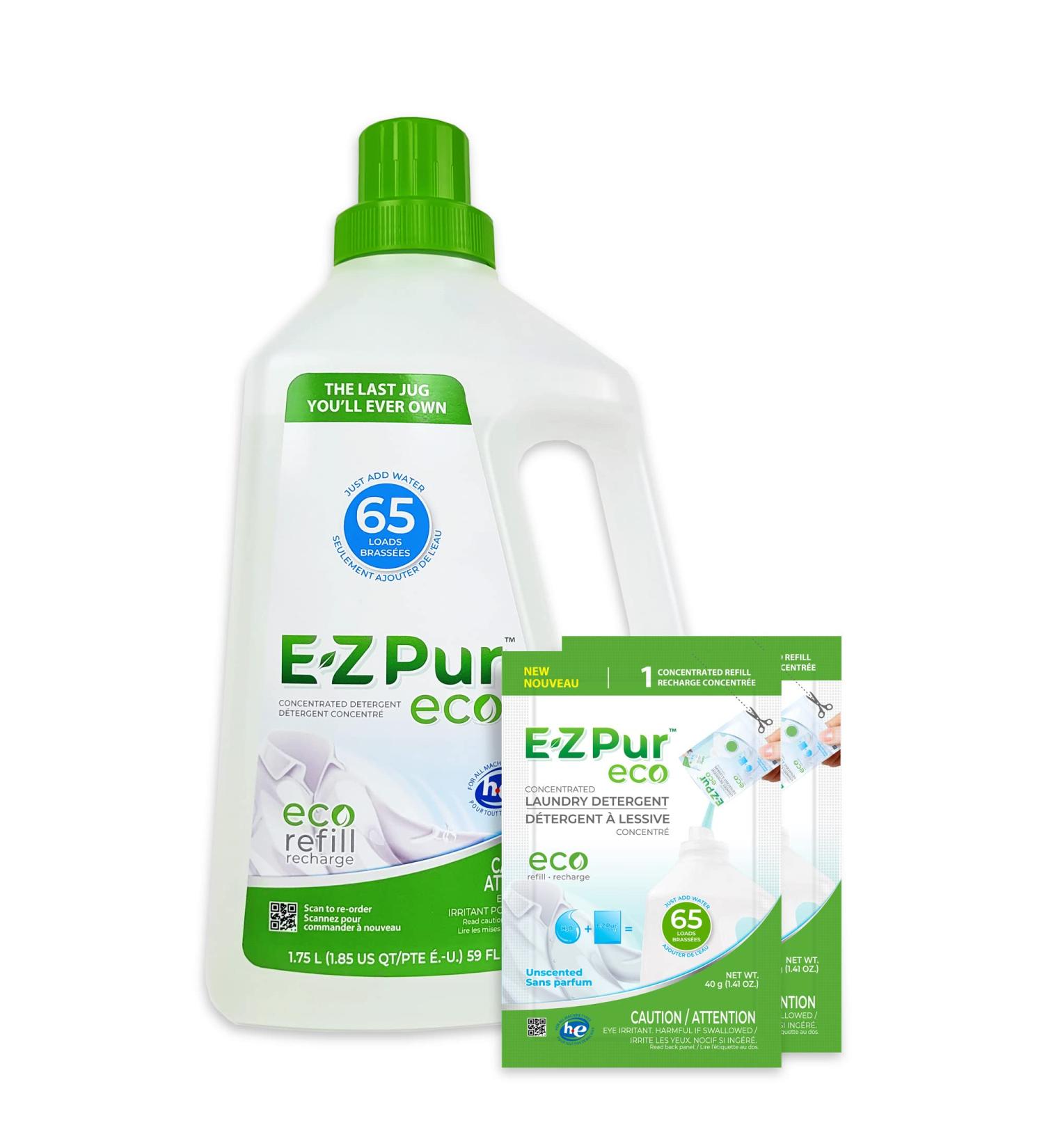 Environmentally Friendly Laundry Detergent Starter Kit 130 Loads - Includes Two 40g Refills Unscented and Empty Jug Add Water to Refills to Make 3.6L Liquid - EZ Pur Eco. - Buy Online on GoSupps.com