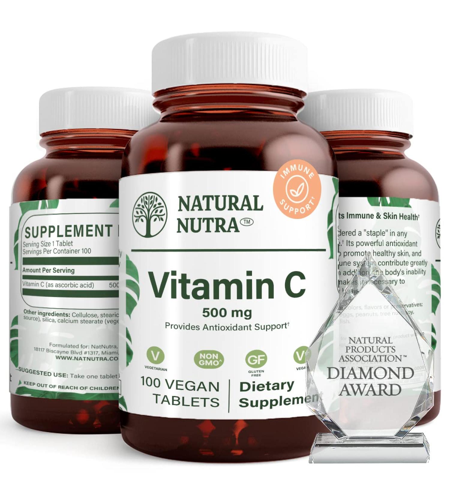 Natural Nutra Vitamin C 500mg Supplement - Immune & Heart Health Support - Youthful Skin & Overall Wellness - 100 Vegan Tablets - Buy Online on GoSupps.com