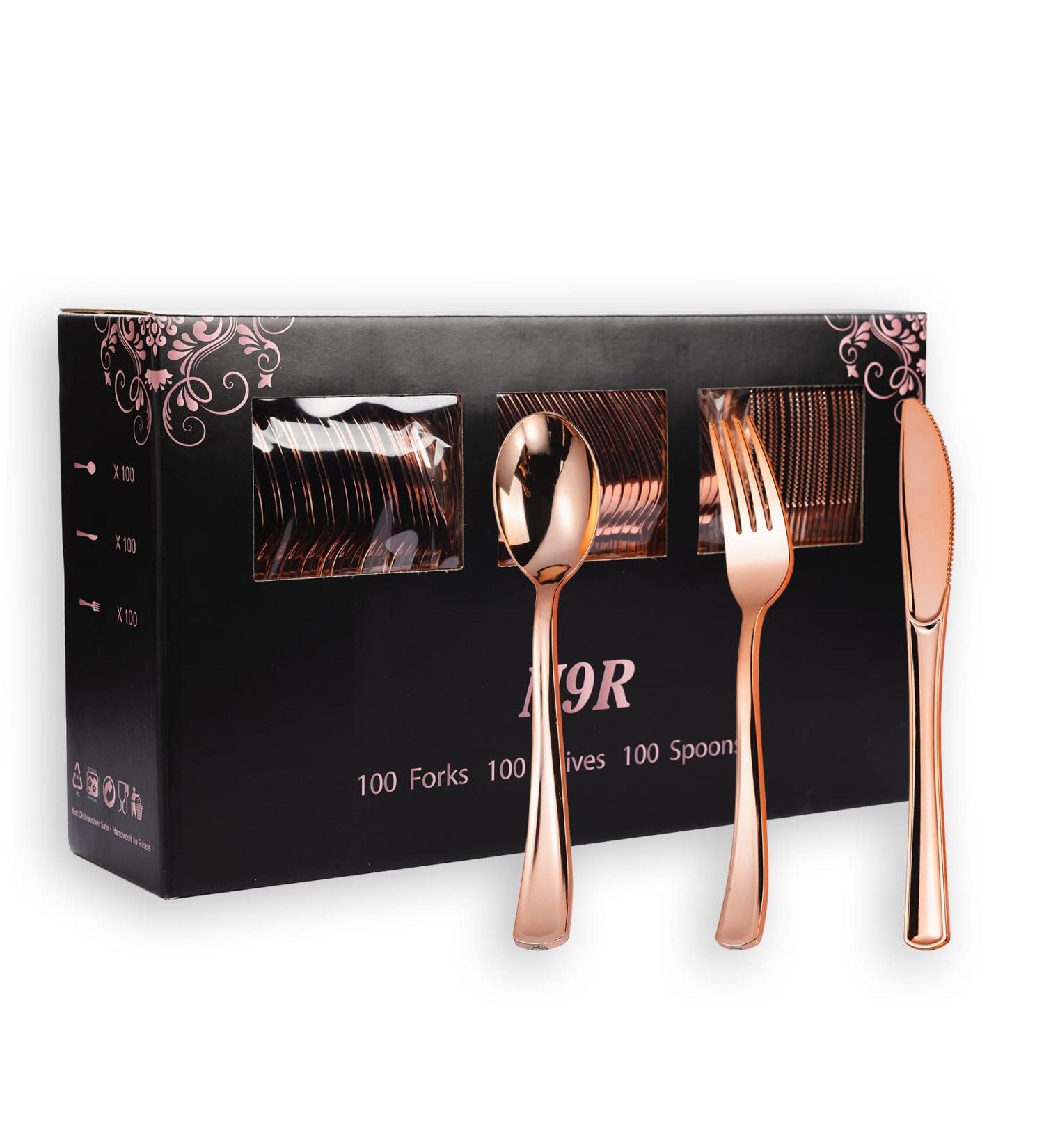 Rose Gold Plastic Silverware Set - 300 Pack Heavy Duty Disposable Cutlery for Parties - Includes 100 Forks, 100 Spoons, 100 Knives - Elegant Rose Gold Utensils - Buy Online on GoSupps.com