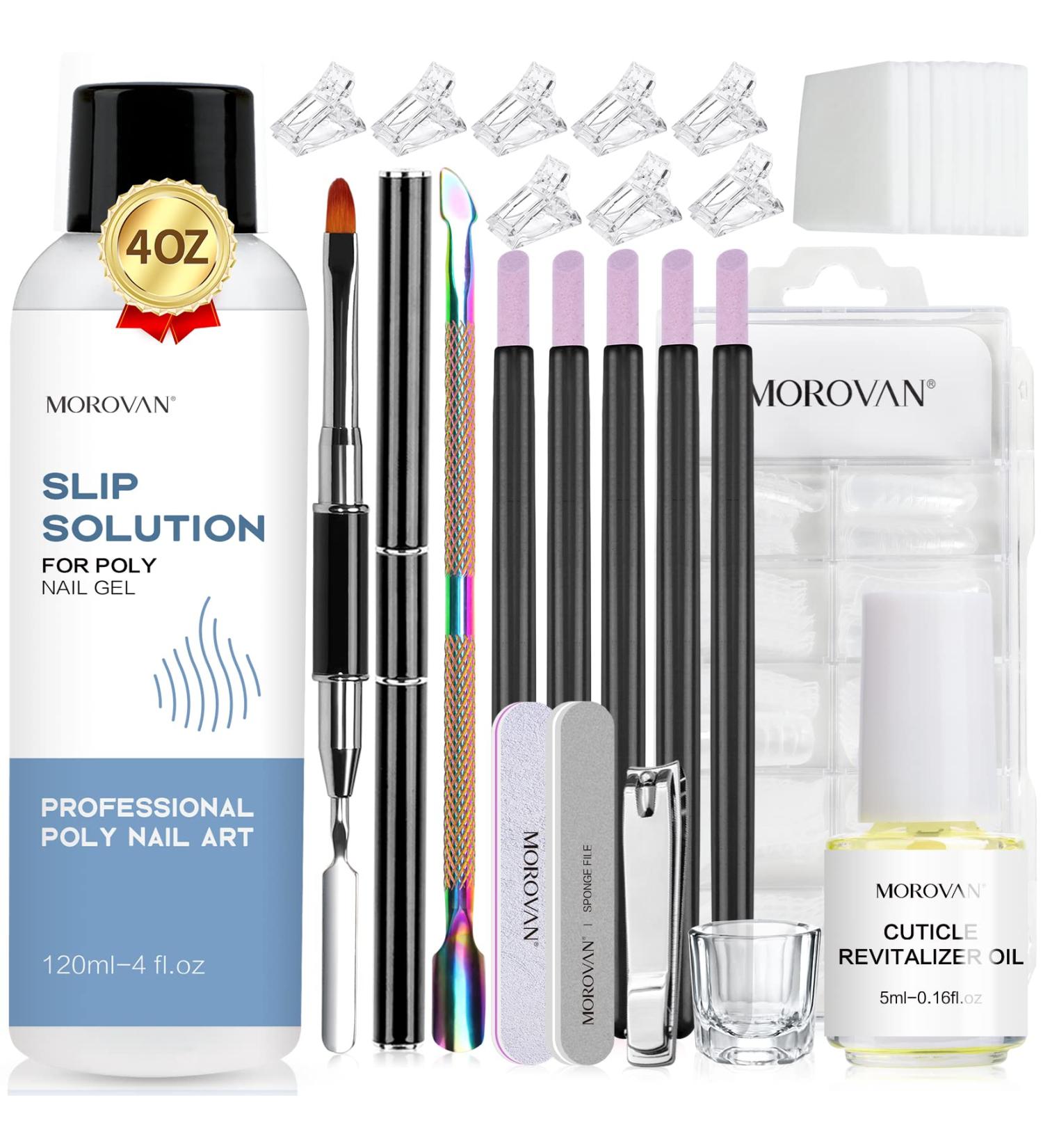 Morovan Poly Gel Slip Solution - 4OZ | Dual-Ended Nail Brush & Tools | Cuticle Revitalizer Oil | Anti-Stick Poly Extension Gel Slip Solution for DIY Nail Extensions at Home - 1 Fl Oz - Buy Online on GoSupps.com