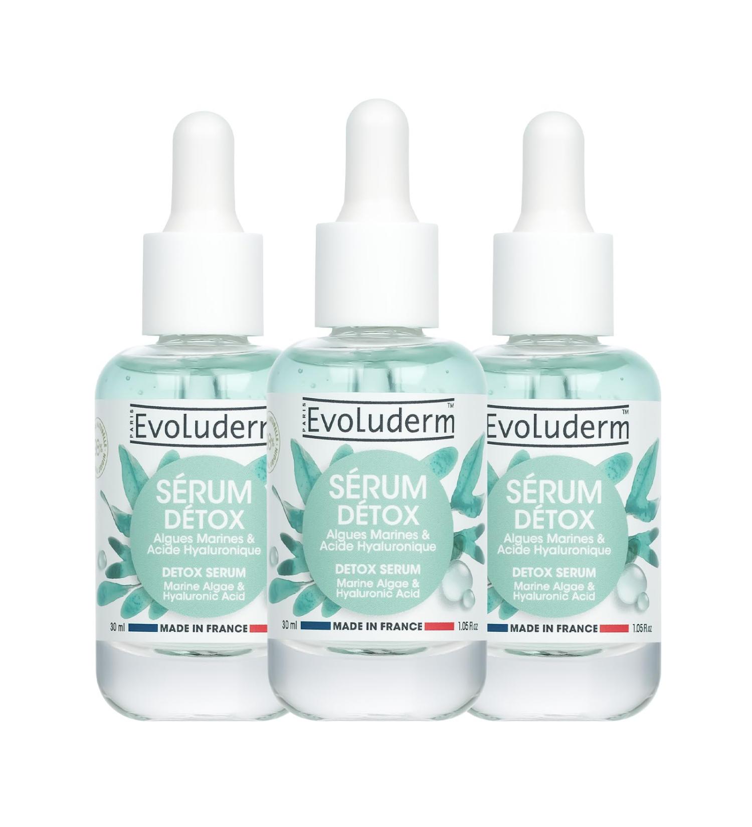 EVOLUDERM – Detox Serum with Marine Algae and Hyaluronic Acid - 30 ml - 98% Natural Origin - Vegan - Made in France - Pack of 3 x 30 ml