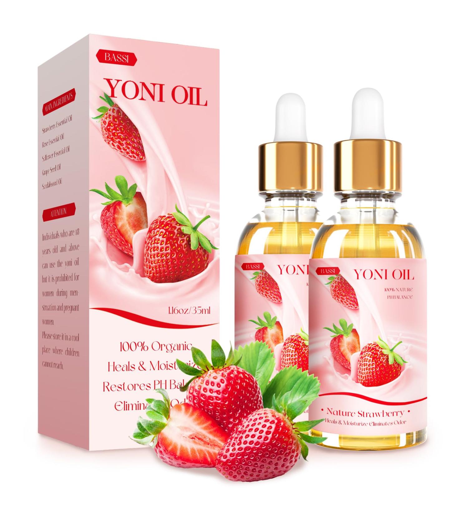 BASSI 2PCS Organic Yoni Oil - Feminine Moisturizer & Deodorant - pH Balance & Odor Elimination with Strawberry Oil - All Natural - Buy Online on GoSupps.com