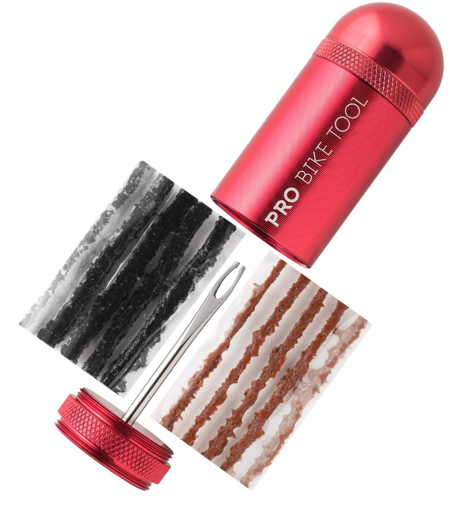 PRO BIKE TOOL Tubeless Tire Repair Kit - Fast Puncture Fix for MTB and Road Bikes - Includes Plugger Tool, Plugs, Storage Canister - 5 Bacon, 5 Black Strips - Red - Buy Online on GoSupps.com