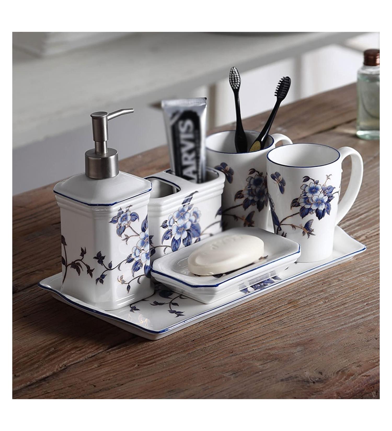 Soap Dispenser Blue Floral Pattern 6-Piece Ceramic Soap Dispenser Set with Tray Kitchen Bathroom Hotel Accessories for Bathroom Kitchen Home Bathroom Countertop Soap Dispensers - Buy Online on GoSupps.com