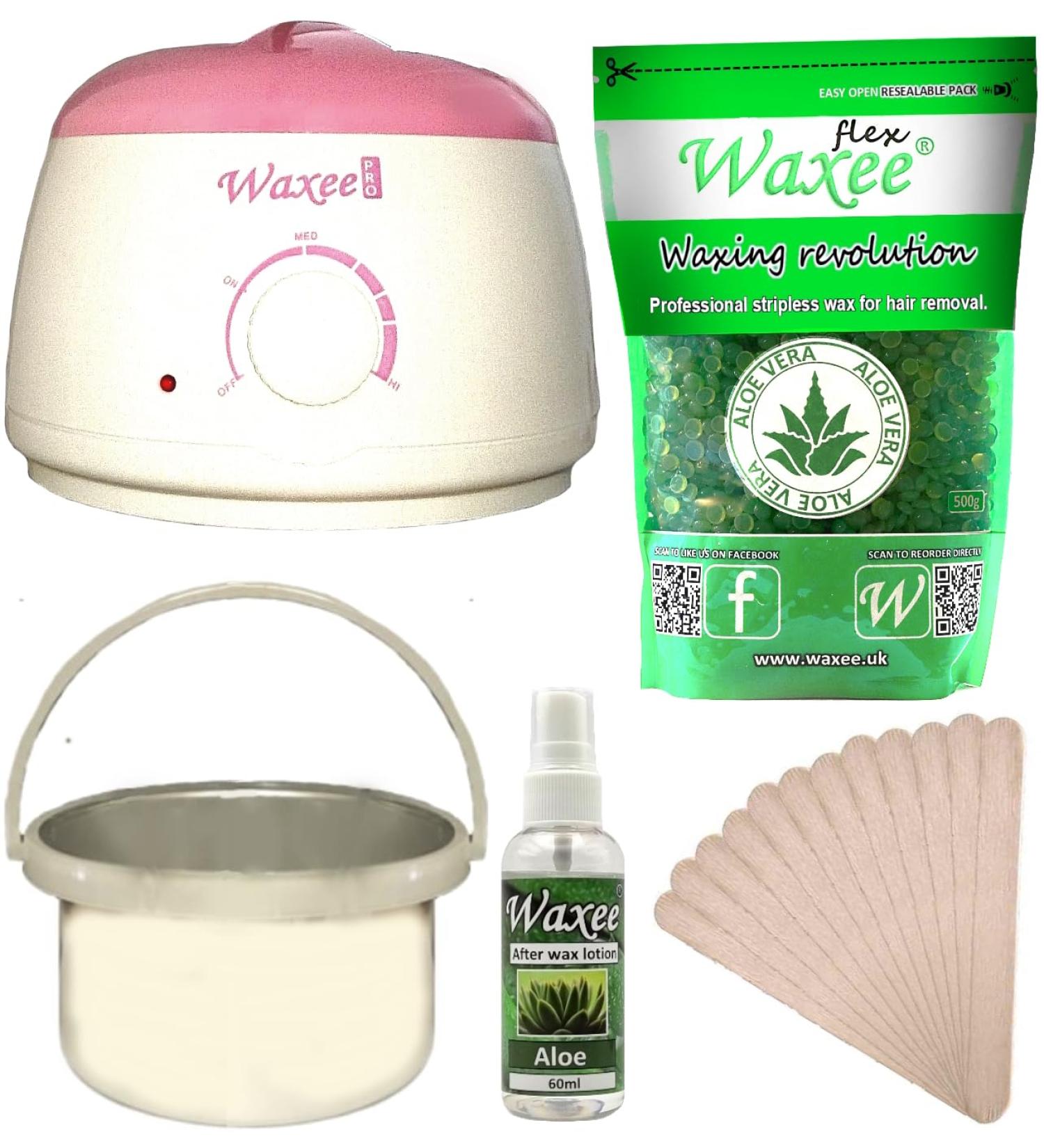 Professional Complete Waxing Kit with Film Hard Wax Heater, After Wax Oil, Spatulas, and WAXEE FLEX 500g Stripless Wax - Buy Online on GoSupps.com