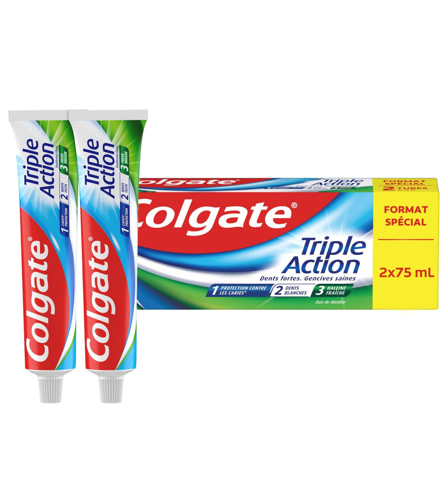 Colgate Triple Action Toothpaste Original Mint | Cavity Protection* White Teeth Fresh Breath | Whitening Toothpaste for the Whole Family | Helps Remove Tooth Stains | 2 x 75 ml - Buy Online on GoSupps.com