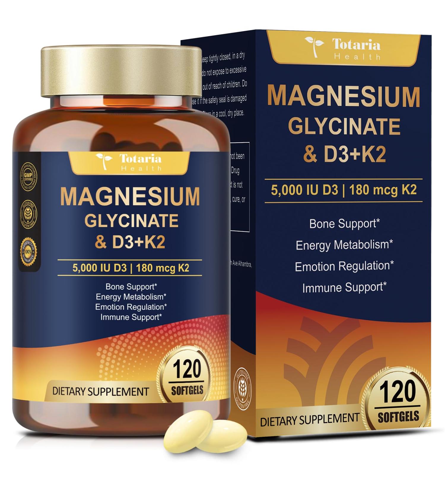 9-in-1 Magnesium Glycinate 500mg + Vitamin D3 5000 IU & K2 Complex - High Absorption - Healthy Stress Sleep Muscle Function Bone Health & Energy Supports | Non-GMO Gluten-Free 120 Softgels 120 Count (Pack of 1) - Buy Online on GoSupps.com
