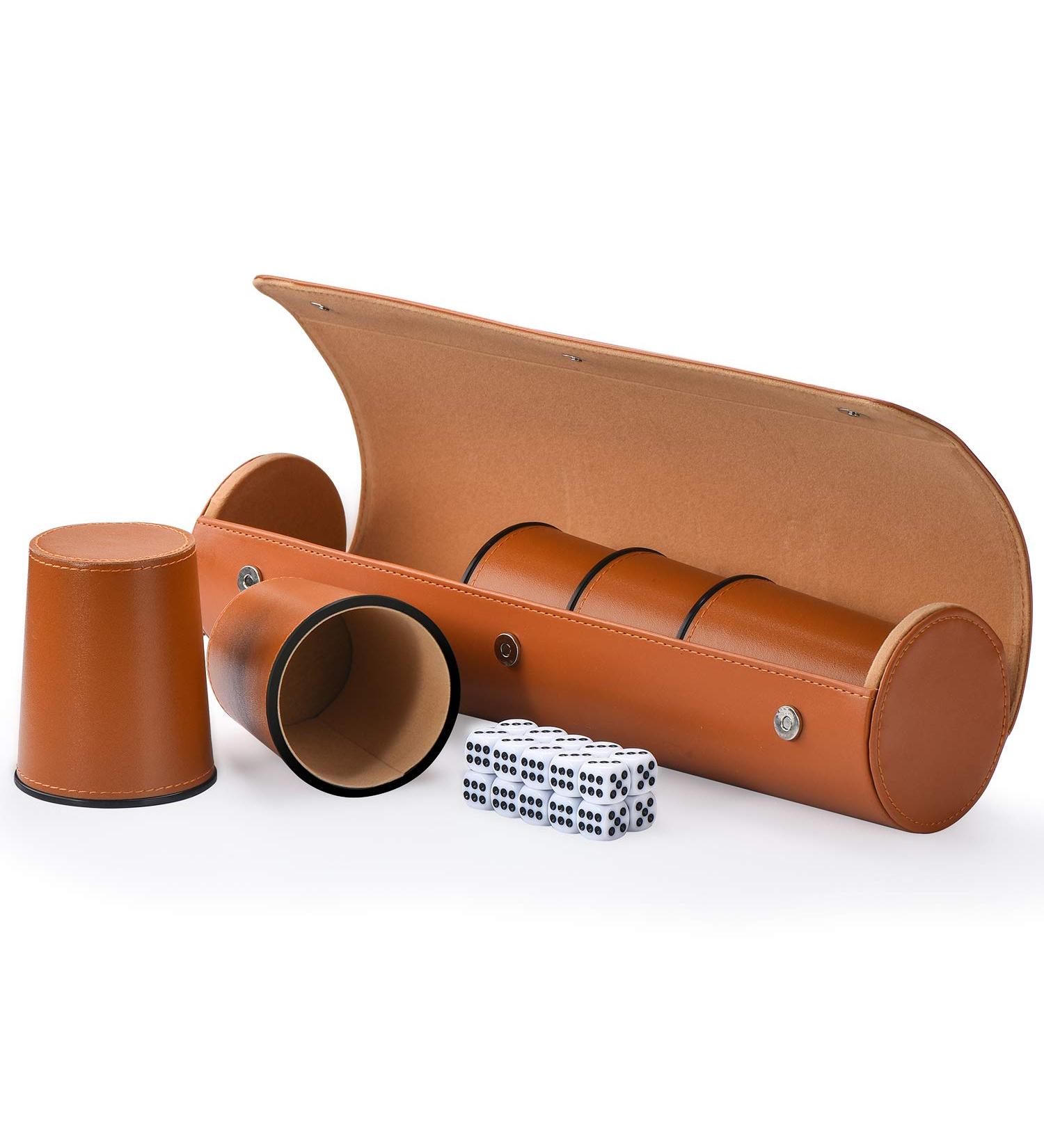 Party Games Leather Dice Cup Set - 5 Cups, 25 Dice, Storage Case - Faux Leather with Magnetic Closure - Buy Online on GoSupps.com