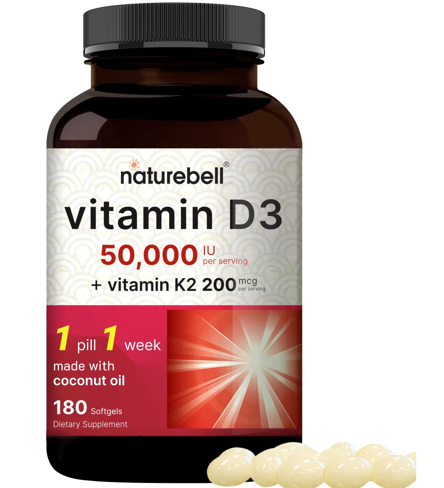 NatureBell Vitamin D3 50 000 IU + K2 200 mcg 180 Softgels | Once-Weekly Formula with Coconut Oil | Max Strength Bone Heart & Immune Support | MK-7 Form | Non-GMO 180 Count (Pack of 1) - Buy Online on GoSupps.com