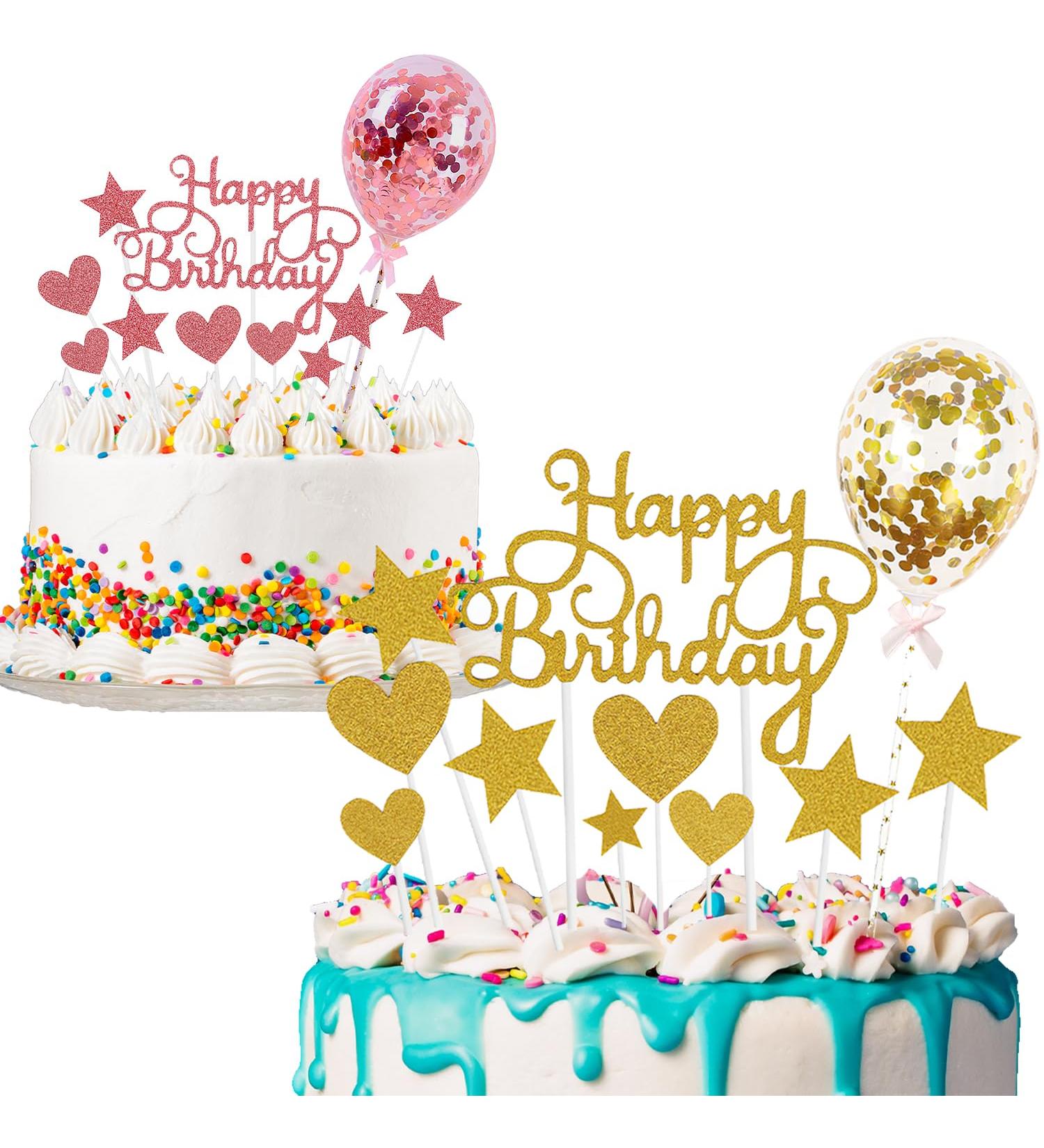 2 Pcs Happy Birthday Cake Toppers Personalised Rose Gold Cake Decorations Balloon Cake Topper Stars Heart Birthday Cake Decorations for Girls Boy Women Men (Pink/Gold) - Buy Online on GoSupps.com