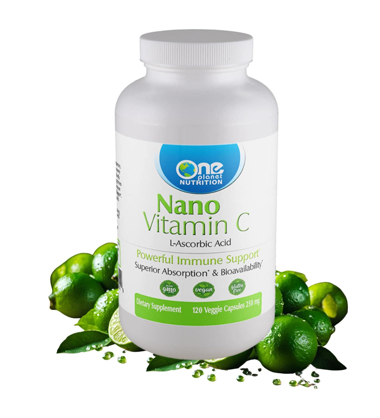One Planet Nutrition Nano Vitamin C 250 mg Veggie Capsules (240 Servings) Ascorbic Acid from Lime Extract Nano for Enhanced Absorption Supports Collagen Production & Immune Health Non-GMO Vegan - Buy Online on GoSupps.com