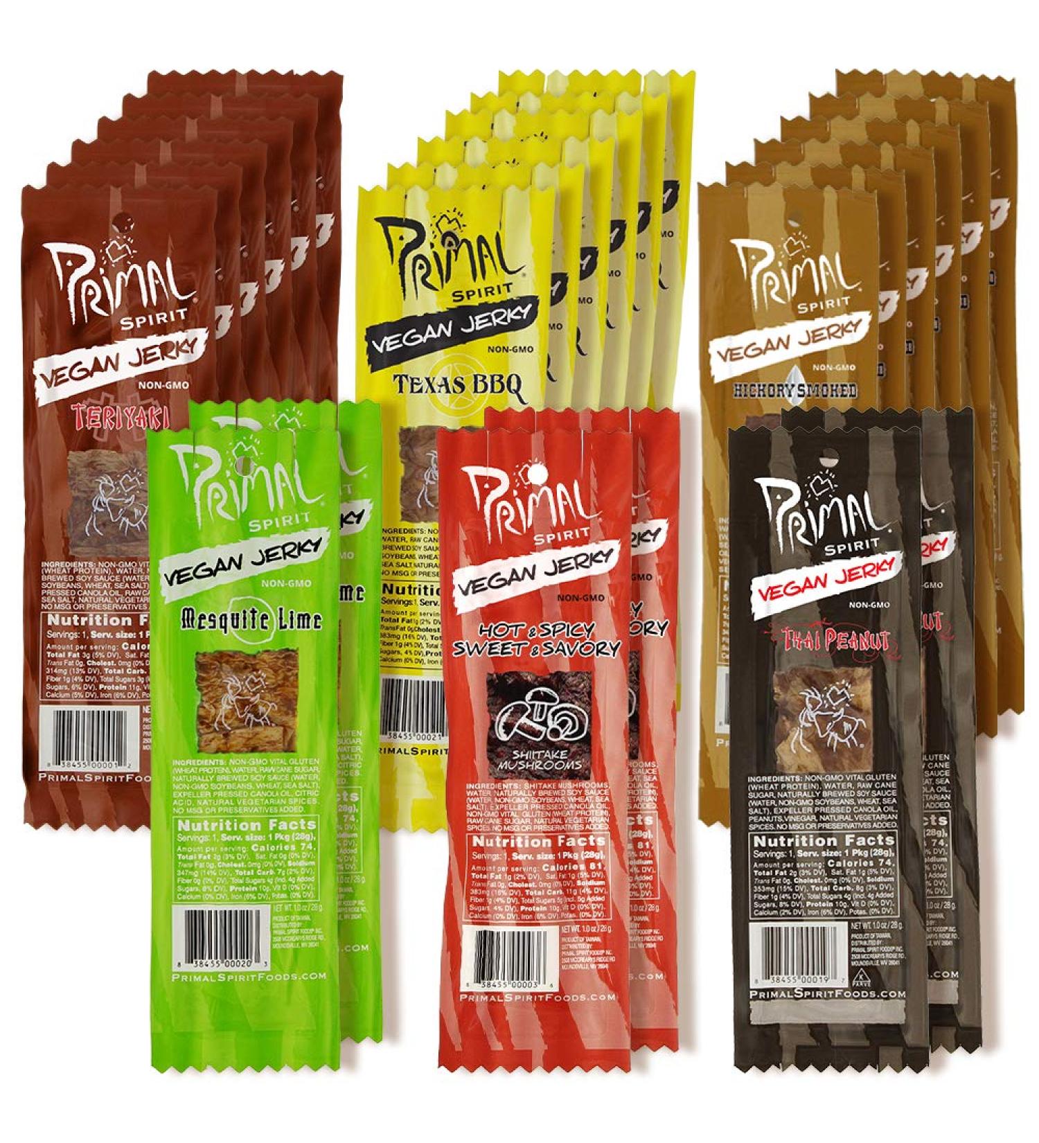 Primal Spirit Vegan Jerky Most Popular Flavors Pack - 24-Pack (1 oz) Plant Based Protein - Teriyaki, Hickory Smoked, Texas BBQ, Thai Peanut, Hot & Spicy, Mesquite Lime - Buy Online on GoSupps.com