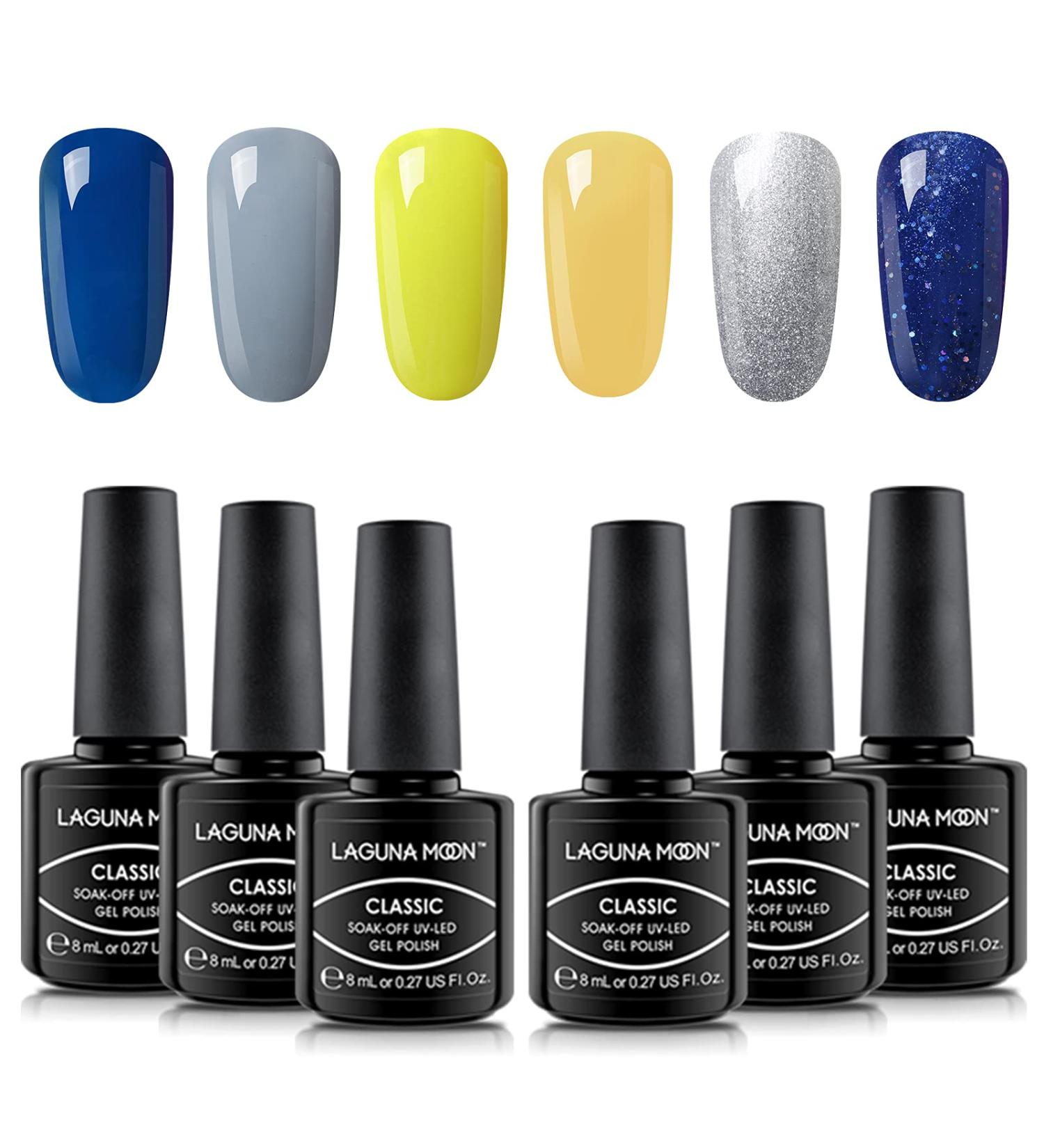LagunaMoon Gel Nail Polish Set - 6 Colours Glitter Blue Metallic Silver Yellow Grey High-Shine Kit Gel Polish for Salon Quality DIY Nails - UV LED Soak Off Lacquer Kit Varnish Manicure & Pedicure - Buy Online on GoSupps.com