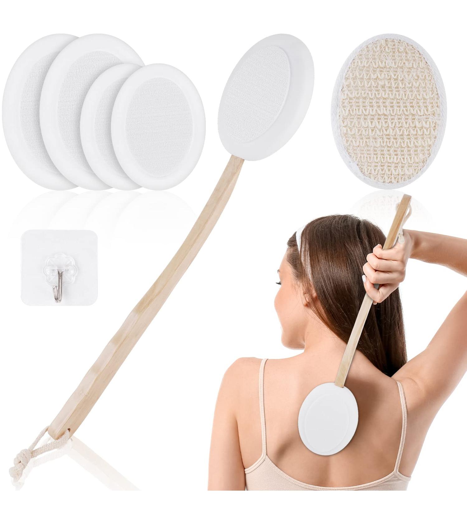 URAQT Lotion Applicator for Back - 7 Piece Set with Body Brush & Scrubber - Long Wooden Handle with 4 Pads - Bath Brush and Hook Included - Buy Online on GoSupps.com