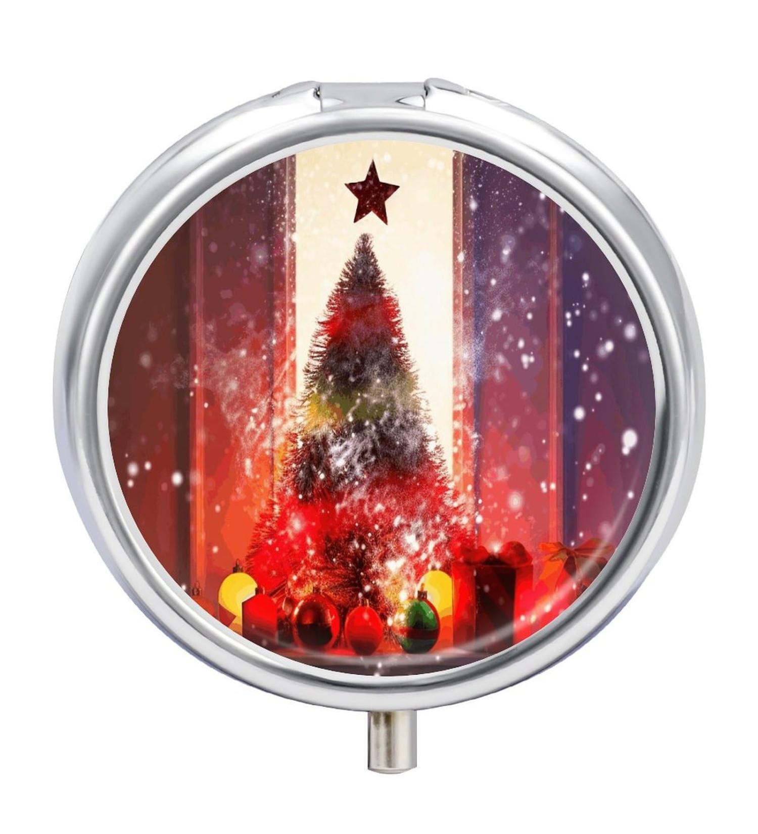Round Pill Box with Xmas Party Print | 3 Compartment Metal Pill Organizer | Portable Pocket Pill Case - Style 44 - Buy Online on GoSupps.com