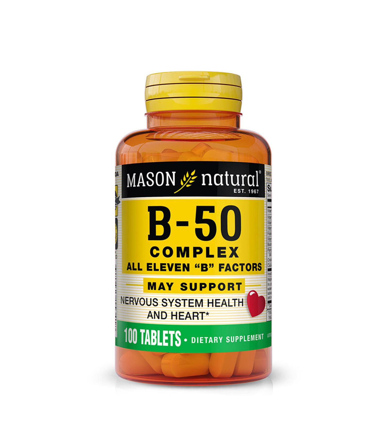 MASON NATURAL Vitamin B 50 Complex All Eleven B Factors - Supports Heart and Nervous System Health Essential Nutrient Supplement 100 Tablets - Buy Online on GoSupps.com