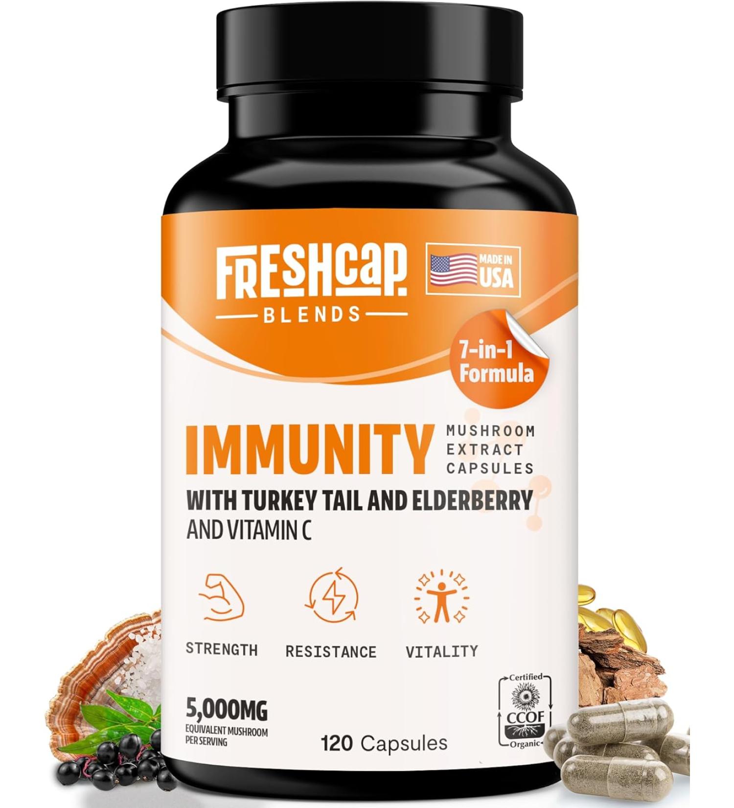 FreshCap Immunity Immune Support Supplement Immune Boosters for Adults Immunity Boost Elderberry Vitamin C and Zinc urkey Tail Mushroom Supplement 120 Capsules - Buy Online on GoSupps.com
