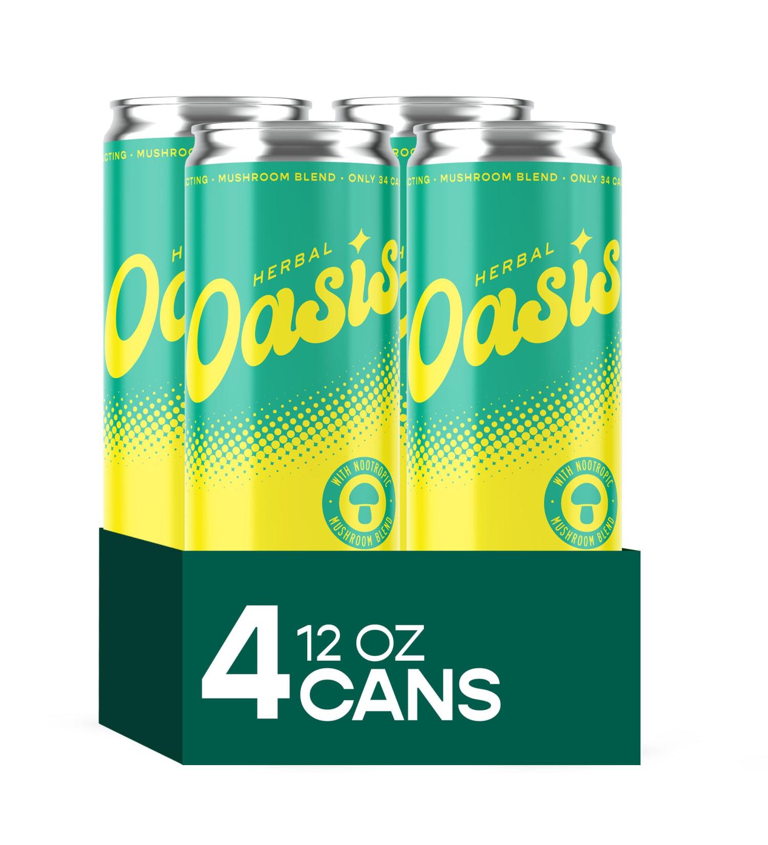 Herbal Oasis Tropical Twist 4-Pack - Mood-Boosting Mushroom Social Tonic with Lion s Mane L-Theanine & Vitamin B12 - Low Calorie Vegan Drink Non-Alcoholic for Mindfulness & Balance 12 fl oz - Buy Online on GoSupps.com