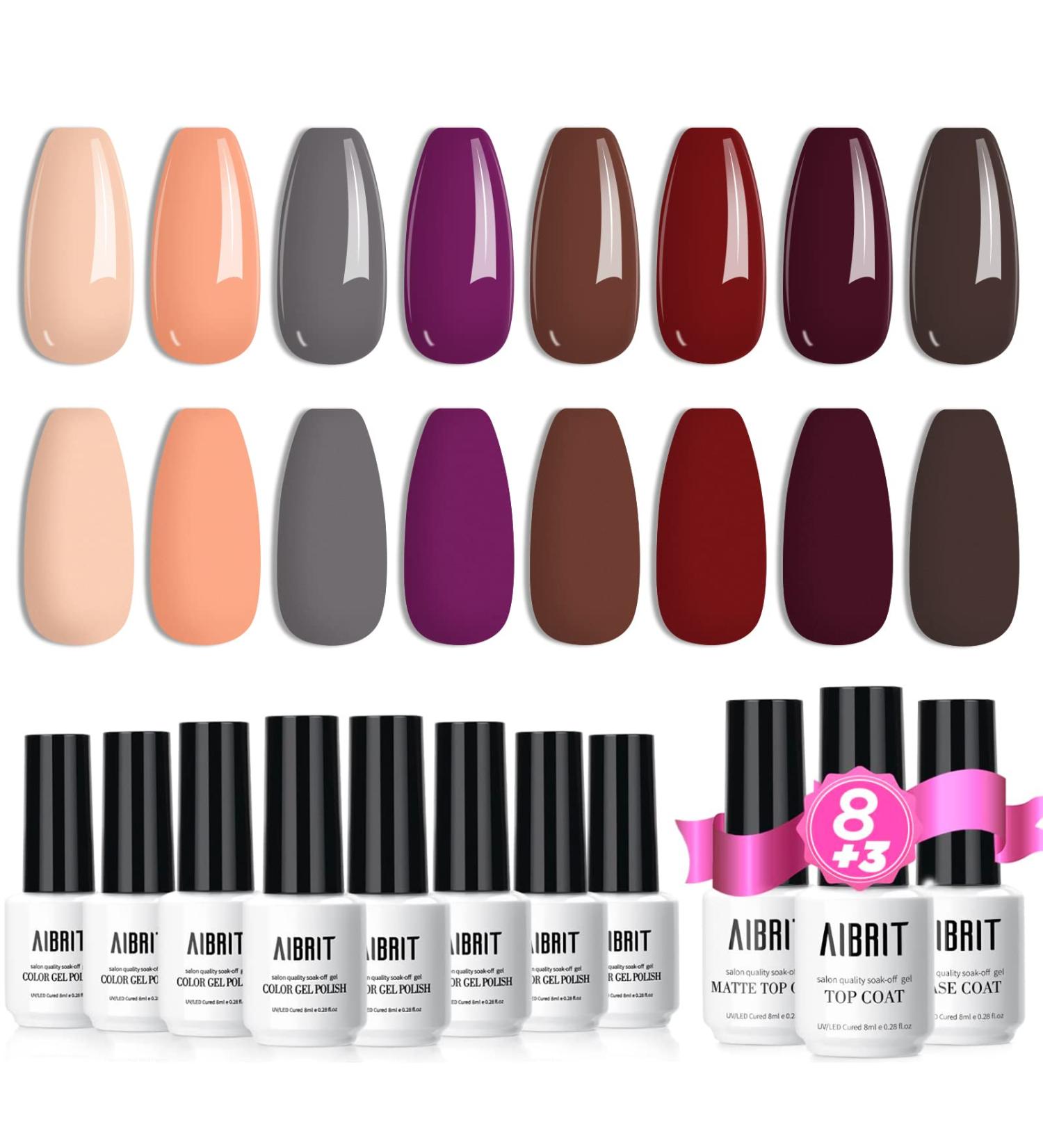 AIBRIT Gel Nail Polish 11 Pack - 8 Colors & 3 Base Coats | Glossy, Matte Top Coat | Soak-off Curing for Women - All-Season Manicure at Home - Buy Online on GoSupps.com