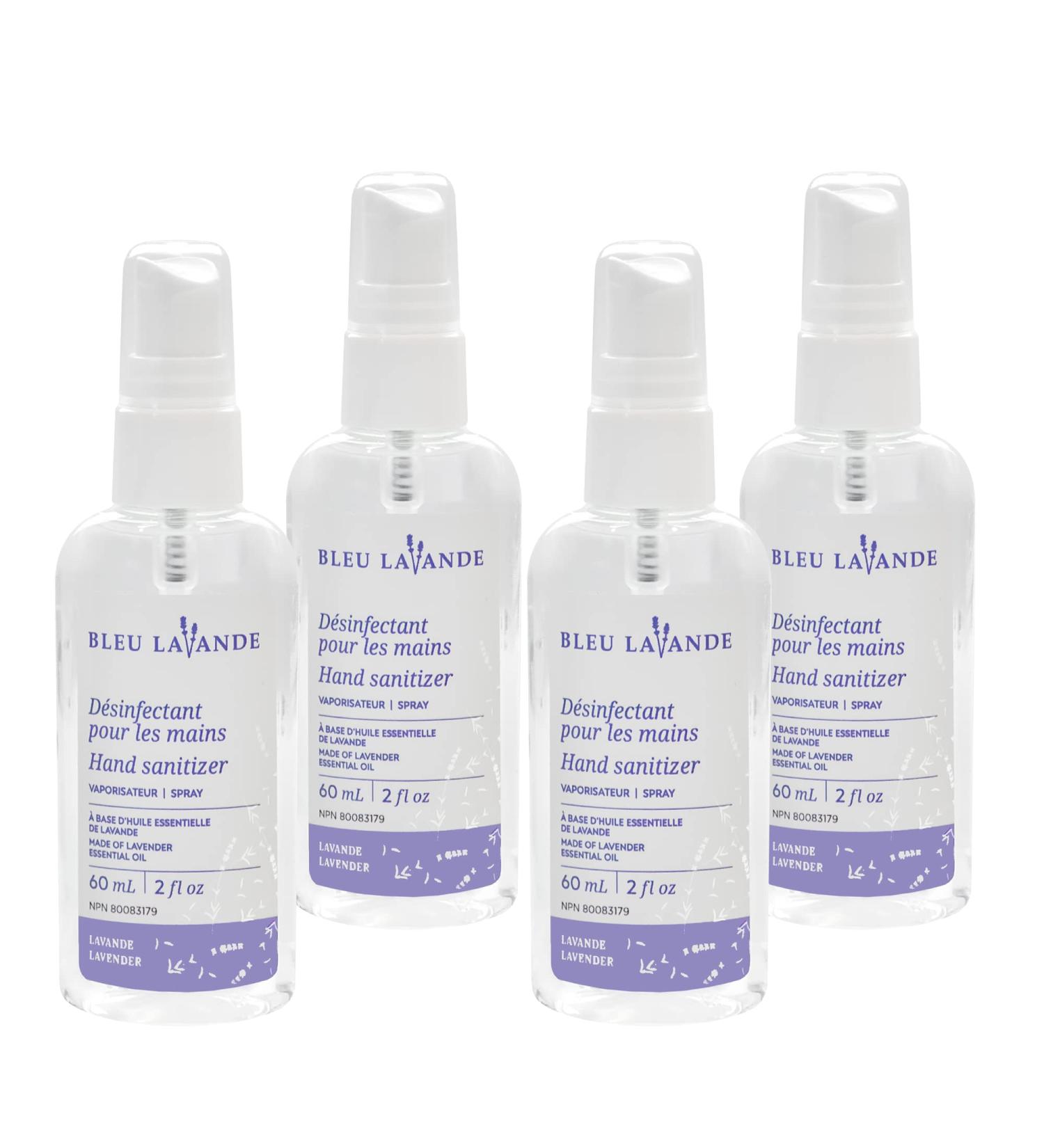 Bleu Lavande - Antibacterial Natural Hand Sanitizer Spray 62% Alcohol - Infused with 100% Pure Lavender Essential Oil - No Artificial Fragrances - Travel Size - Made in Canada - 60ml - 4-Pack