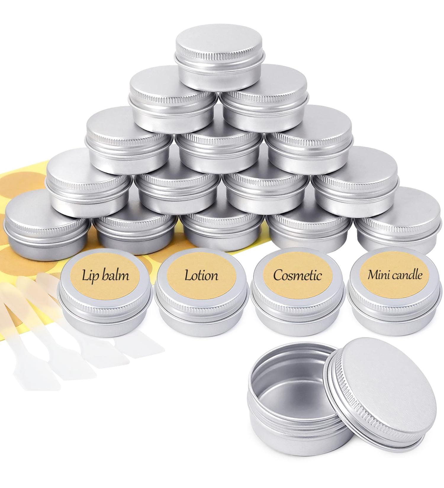 Redamancy 20ml Aluminum Cream Cans - 20 Empty Metal Tins with Screw Lids 4 Spatulas & 40 Labels for Lotion Cosmetics Lip Balm & Mini Candles - Ideal for DIY & Craft Projects - Buy Online on GoSupps.com