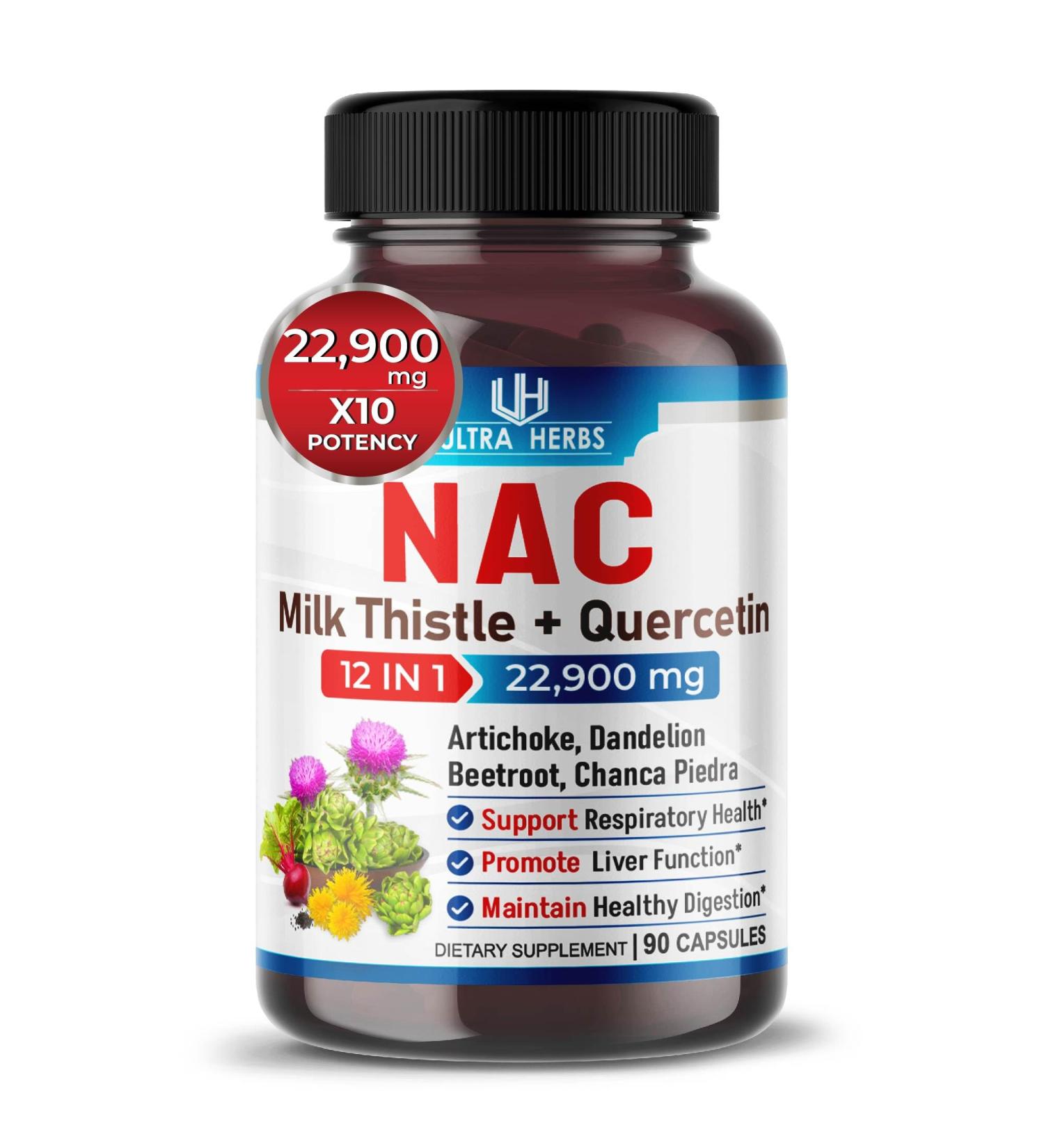 ULTRA HERBS Supper NAC 900mg with Quercetin Milk Thistle - Liver & Lung Support - 90 Count - USA Made & Tested - Buy Online on GoSupps.com