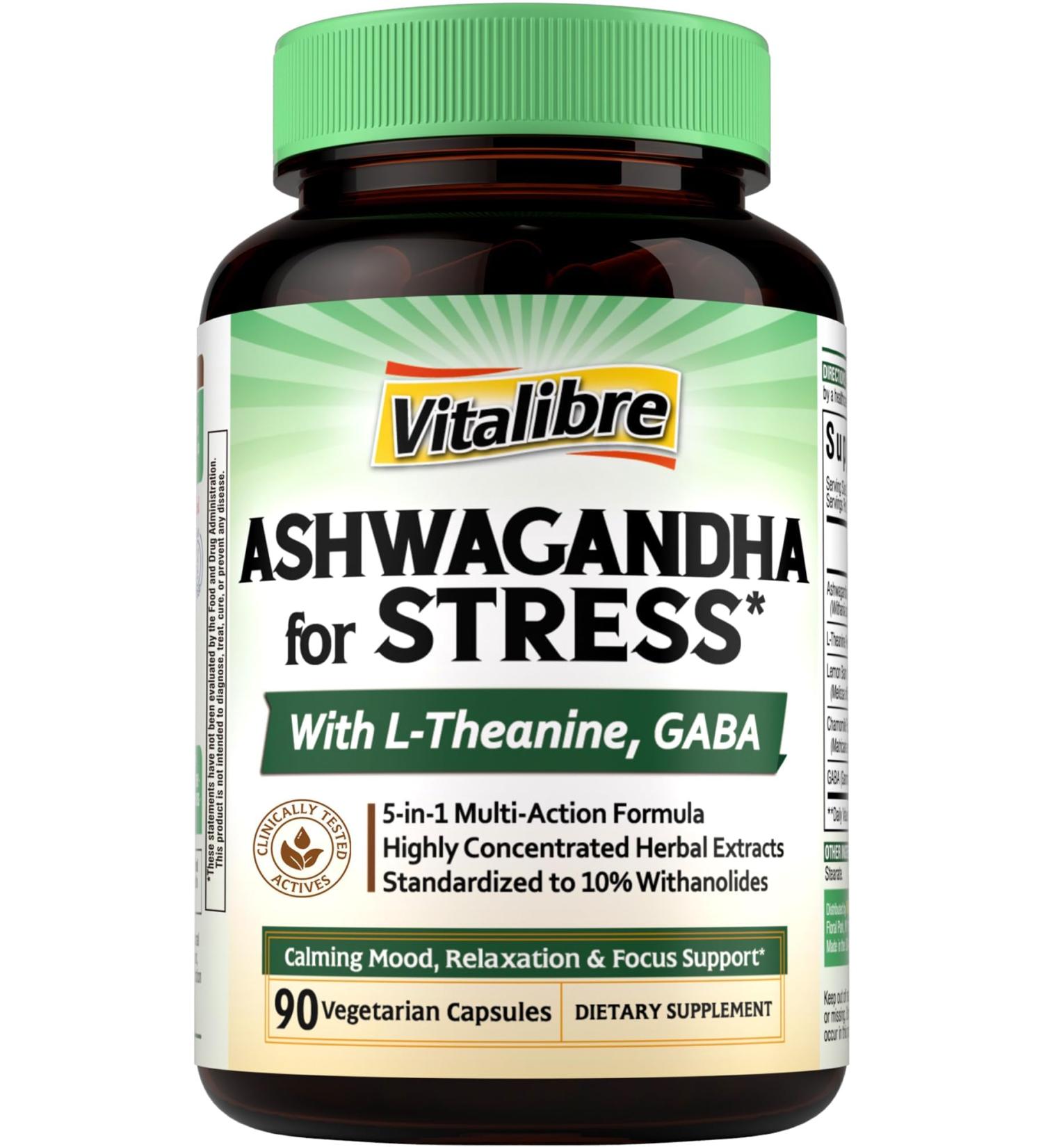 Vitalibre Ashwagandha Supplement for Women Men 20:1 Ashwagandha Extract Plus L-Theanine GABA Lemon Balm & More Extra Strength High Absorption Calming Mood & Focus 90 Vegan Capsules Non-GMO - Buy Online on GoSupps.com