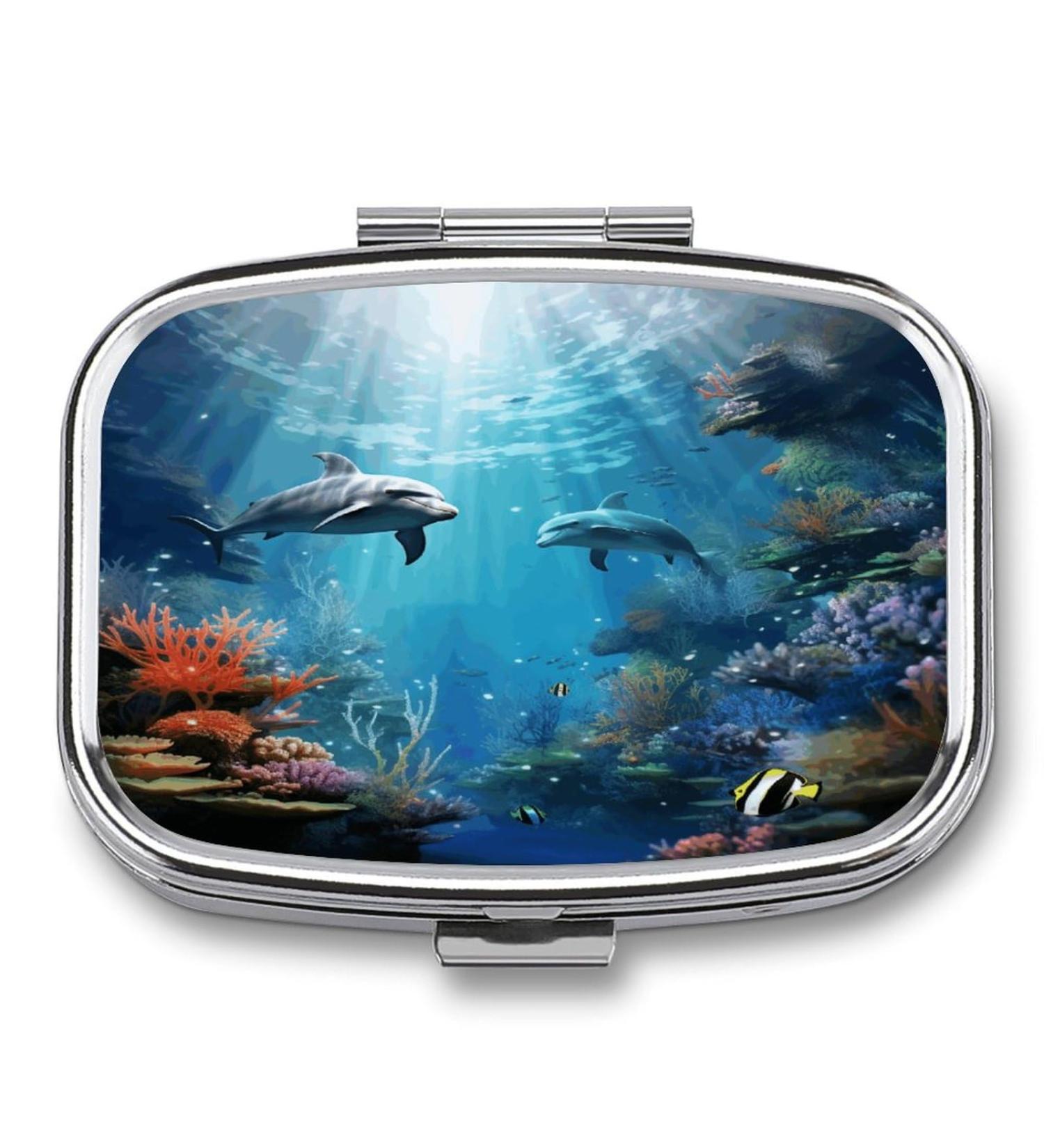 Blue Ocean Underwater Fish Print Pill Box | 2 Compartment Decorative Metal Pill Organizer for Travel & Purse - Buy Online on GoSupps.com