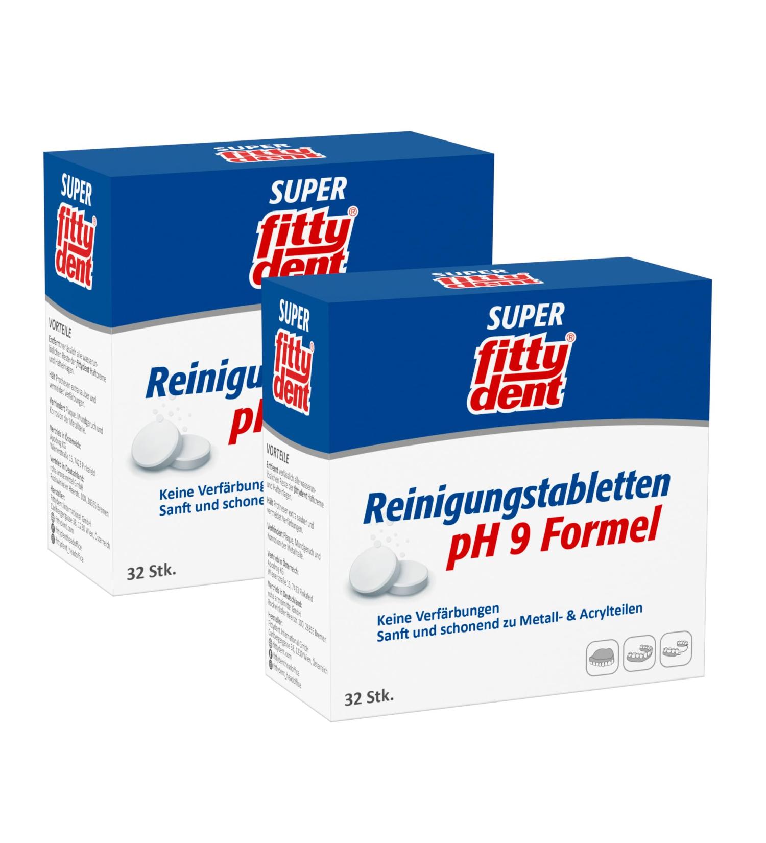 2 x Fittydent Cleaning Tablets (32 Pcs) - pH9 Care Formula for Effective Stain Prevention & Enhanced Dental Hygiene - Buy Online on GoSupps.com