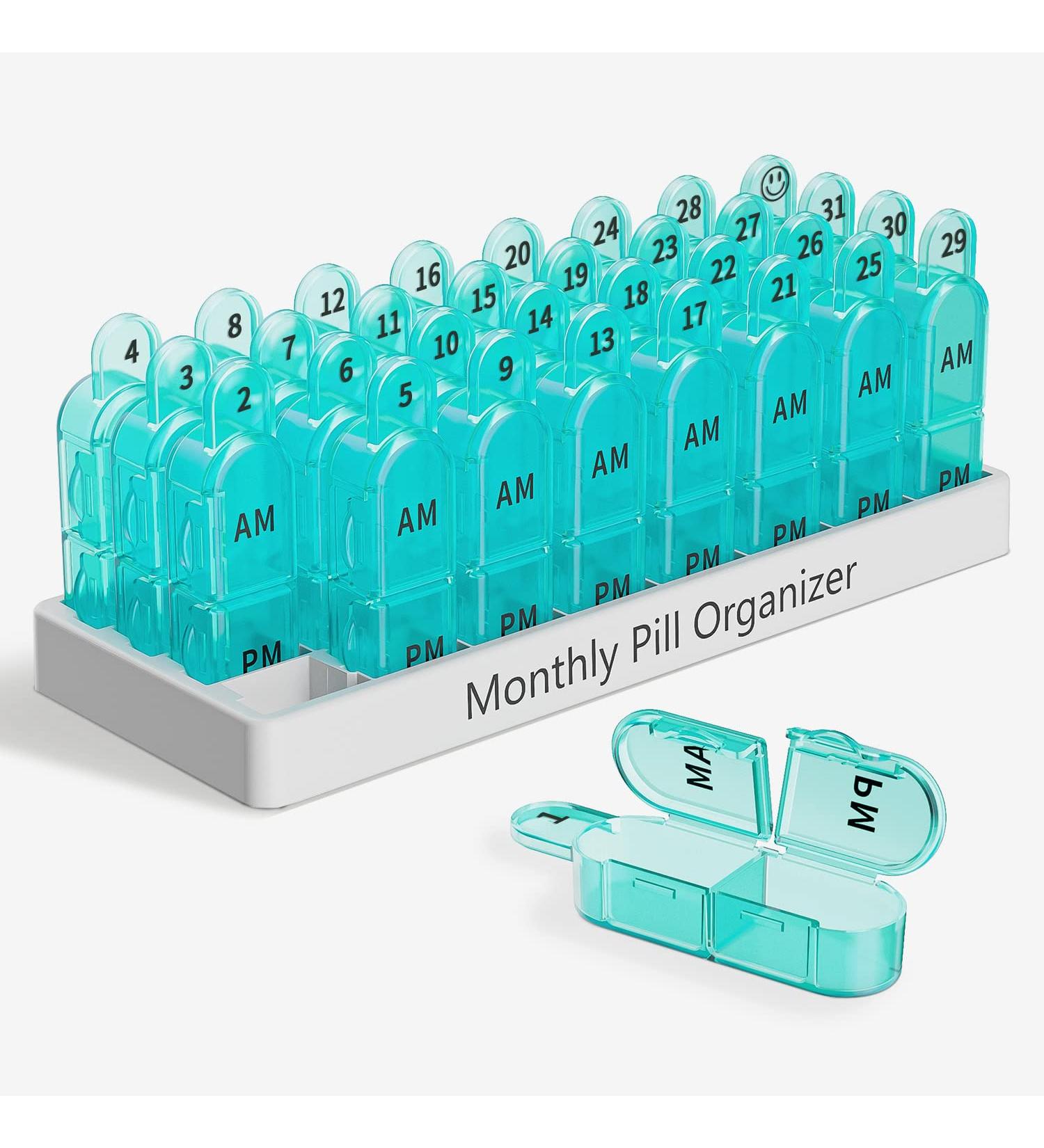 Monthly Pill Box Organizer 2 Times a Day AM PM Medicine Holder with 32 Compartments - Easy Open Design for Kids, Elderly, and Arthritic Hands - Cyan - Buy Online on GoSupps.com