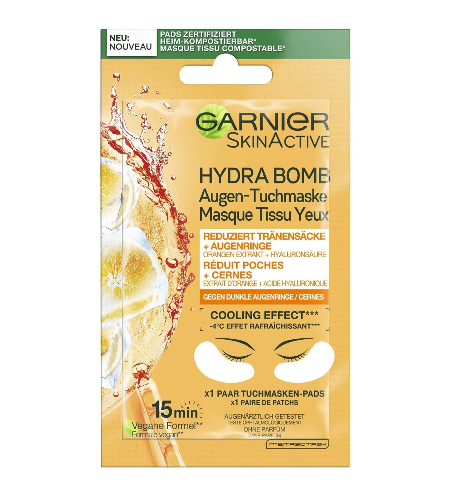 Garnier Eye Cloth Mask - Moisturizing Vegan Formula for Dark Circles & Tear Bags | Hydra Bomb with Orange Extract & Hyaluronic Acid - 6g - Buy Online on GoSupps.com