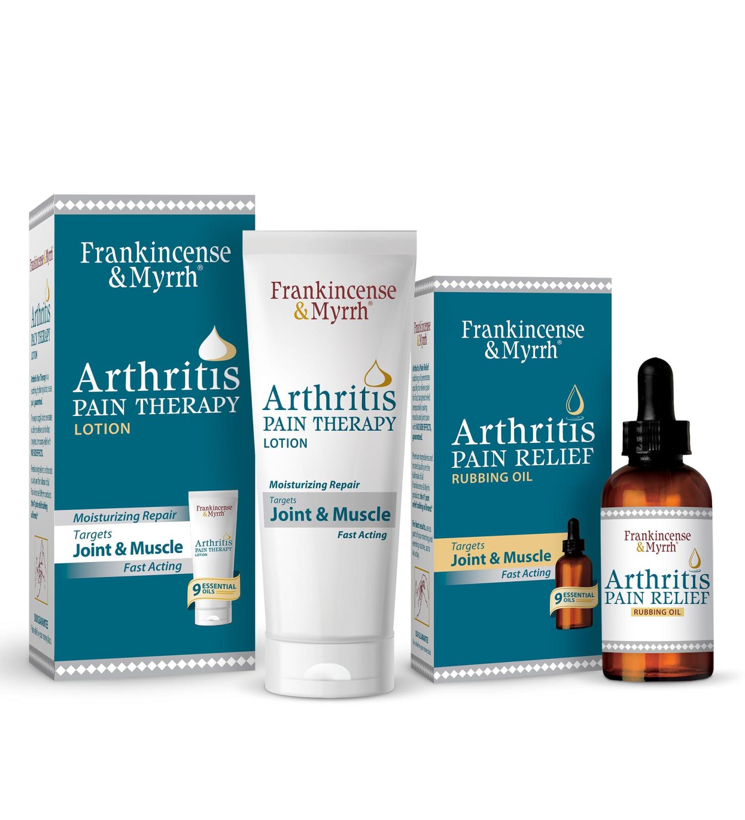 Frankincense and Myrrh Combo Pack - Arthritis Pain Relief Rubbing Oil 2 oz. and Arthritis Pain Reliever Therapy Cream for Joints & Sciatica Relief 3 oz. Hydrating Lotion with Essential Oils - Buy Online on GoSupps.com