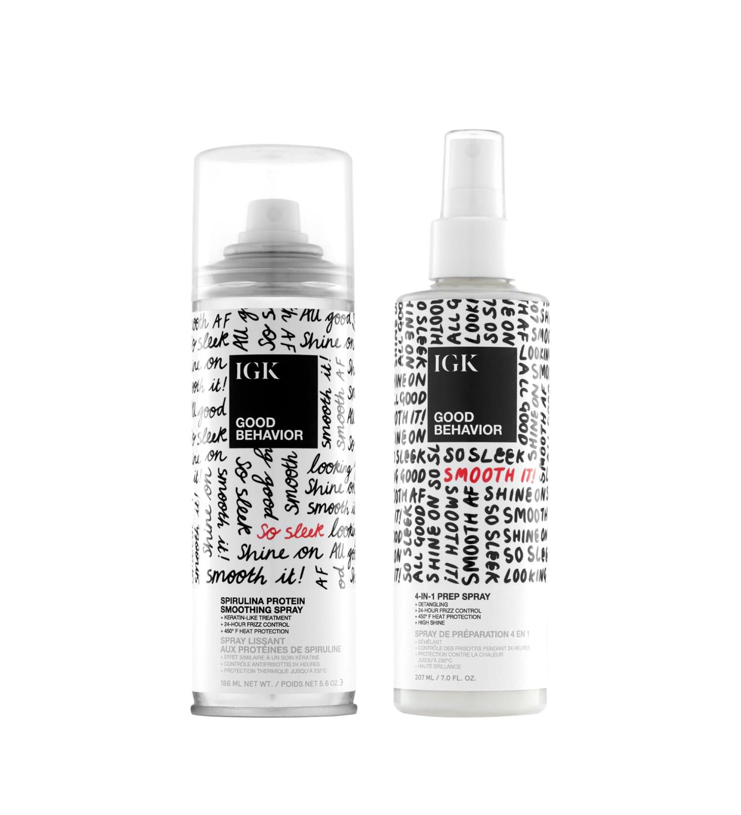 IGK GOOD BEHAVIOR Set | 4-in-1 Prep Spray + Spirulina Protein Smoothing Spray | Frizz Control + Heat Protectant | Vegan + Cruelty Free Good Behaviour 5.6 Fl Oz + 7 Fl Oz (Pack of 2) - Buy Online on GoSupps.com
